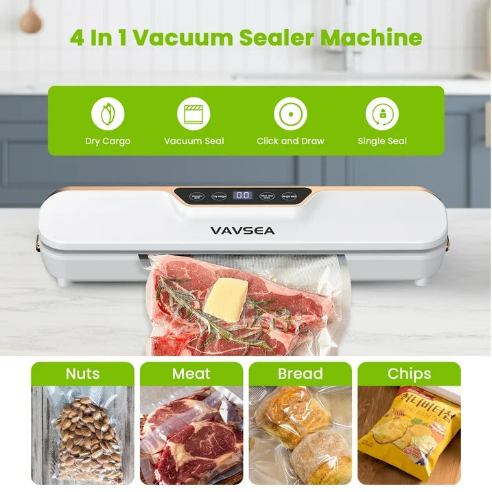 VAVSEA Vacuum Sealer, 62Kpa Food Sealer Machines with 4 Modes, Dry/Draw/Seal/Vac and 10Pcs Bags Starter Kit for Dry Moist Food Storage Sous Vide for Kitchen