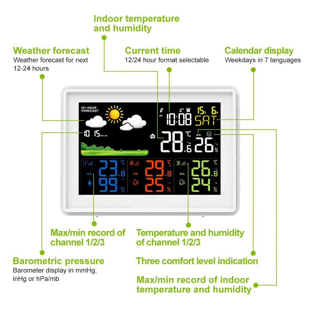 Wireless Color Display Weather Station with Moon Phase, Barometric Pressure, Temperature and Humidity Sensors for Indoors and Outdoors