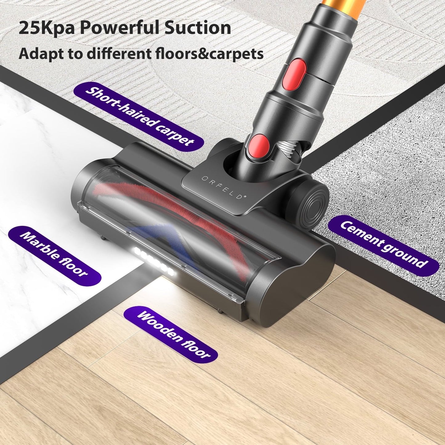 ORFELD Cordless Vacuum Cleaner, 45mins 300W 25kap Rechargeable Stick Vacuum for Carpet Hardwood Floor Pet Hair,Gold,SV30