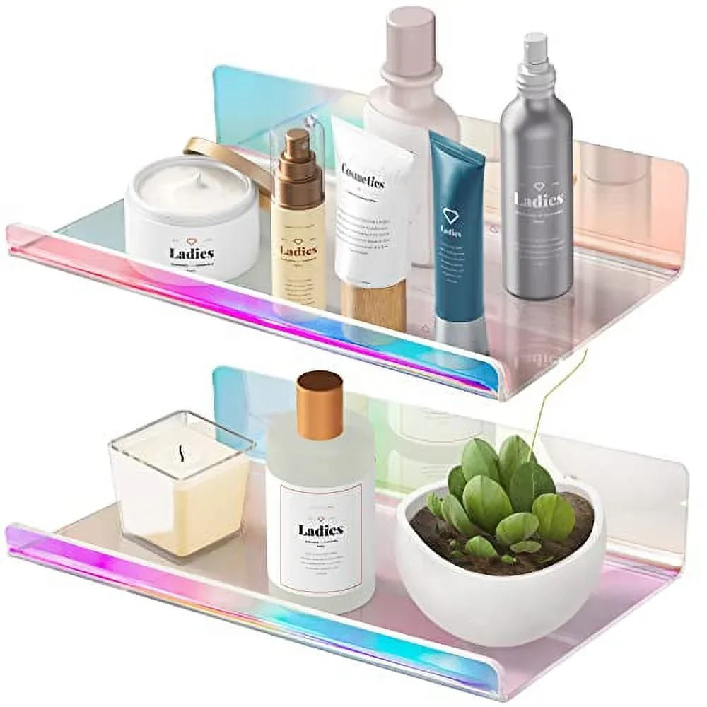 NiHome 2-Pack Medium Iridescent Acrylic Floating Shelves with Edge, 7.9"x4.5" Rainbow Ledge Shelf Adhesive & Screw Wall Mounting Phone Holder Shelf for Home D?cor, Bathroom, Kitchen and Office