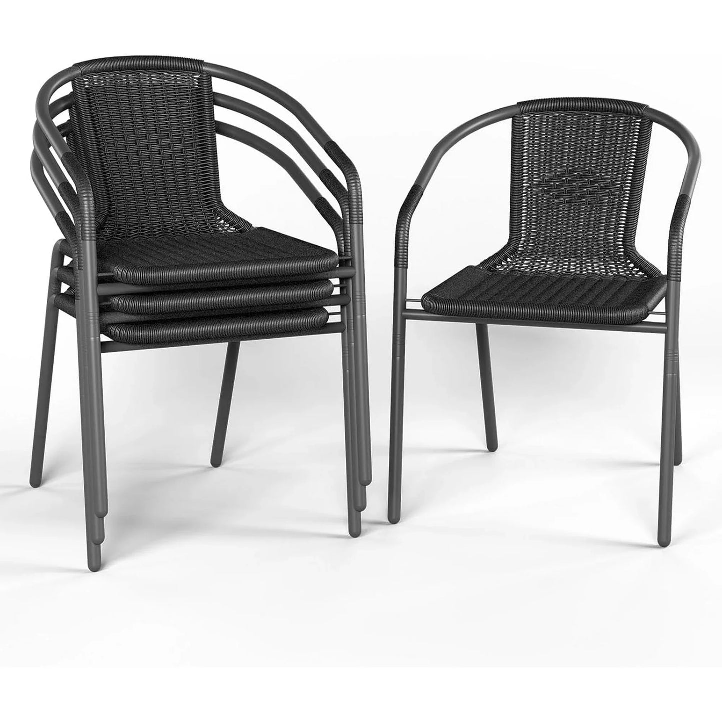 ELPOSUN Outdoor Dining Chairs Set of 4, Wicker Patio Chairs with Metal Frame, Rattan Indoor-Outdoor Chairs for Bistro, Deck, Backyard, Porch, Restaurant Stack Chair 4 Pack (Black)