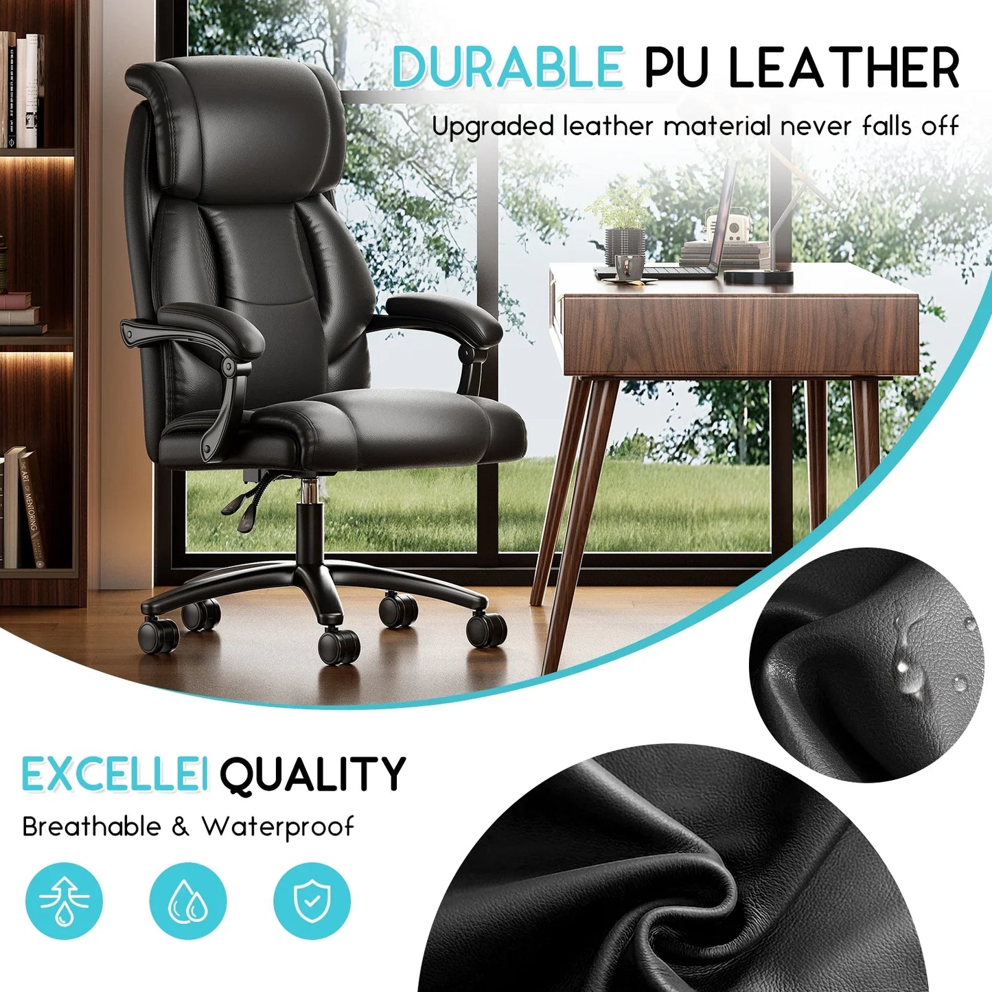 HomeZeer Big and Tall Office Chair 400lbs, High Back Executive Reclining Office Chair, Swivel Leather Home Office Desk Chairs for Adults, Ergonomic Computer Chair, Black