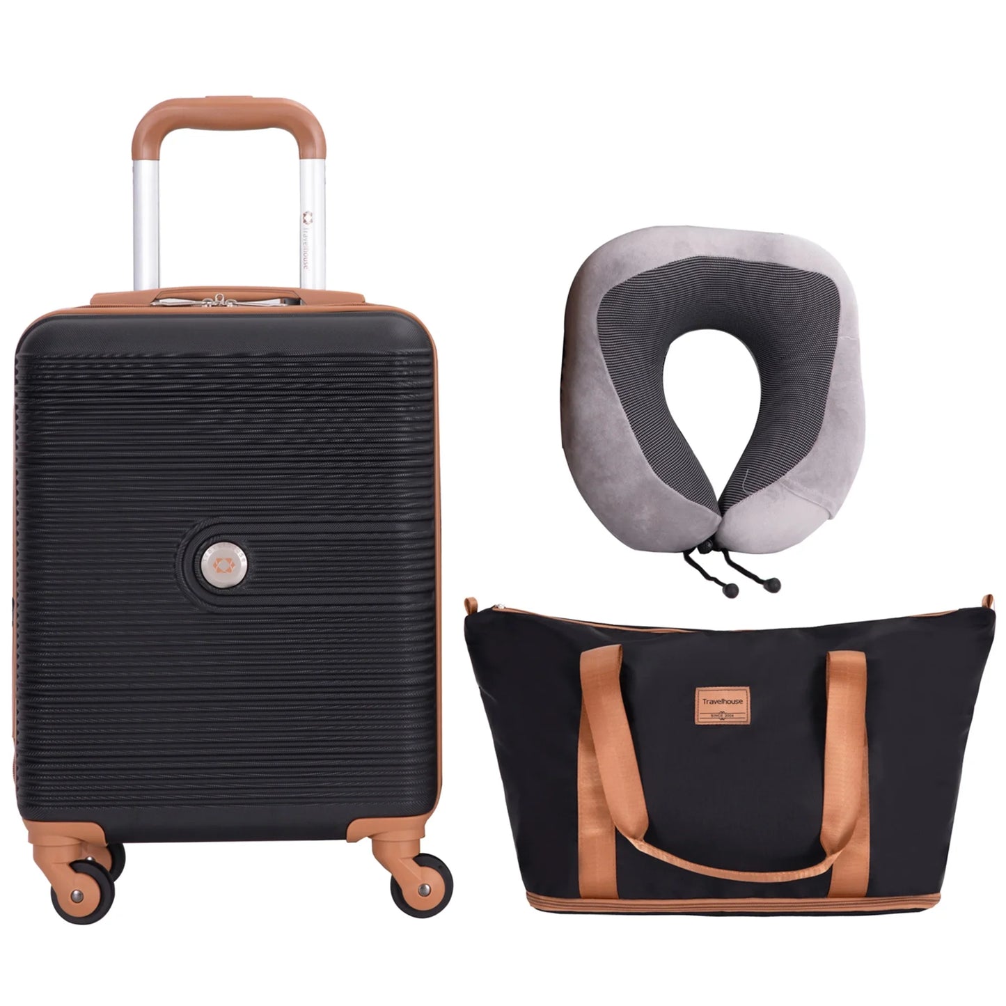 Carry on Luggage Set 3 Piece hardshell TSA Lock Spinner Wheels Suitcase with Travel Bag and Neck Pillow.(Black)