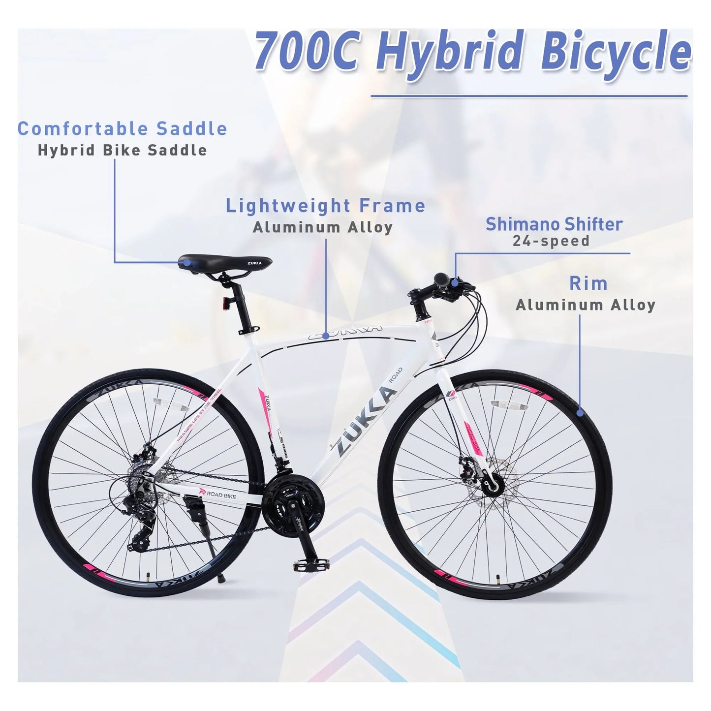 24 Speed Road Bike for Men Women, 700C Aluminum Flat Bar Road Bike with Disc Brakes, White