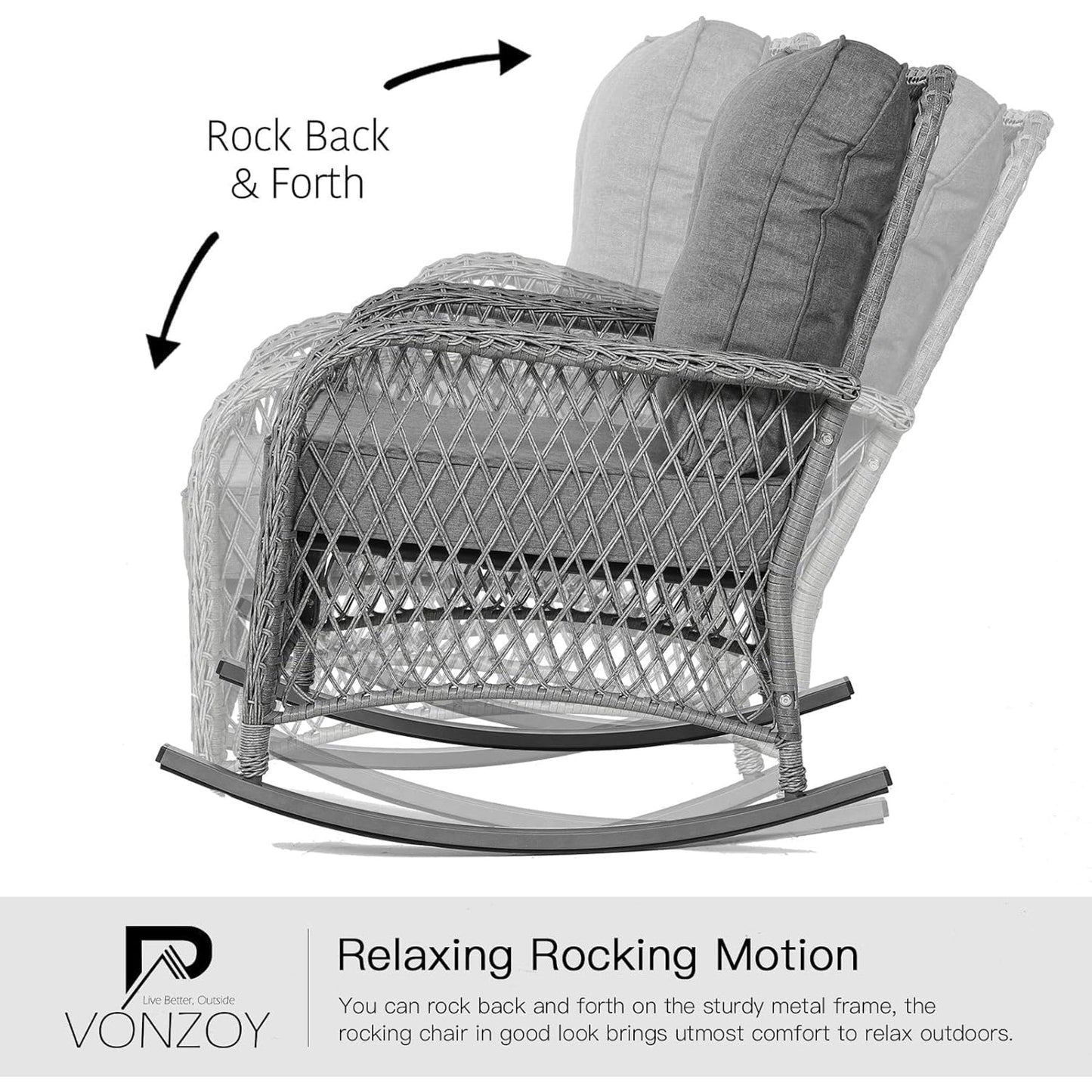 Poteban 3-Piece Outdoor Rocking Chairs, Wicker Patio Furniture with Thickened Cushions and Table for Porch(Light Gray)
