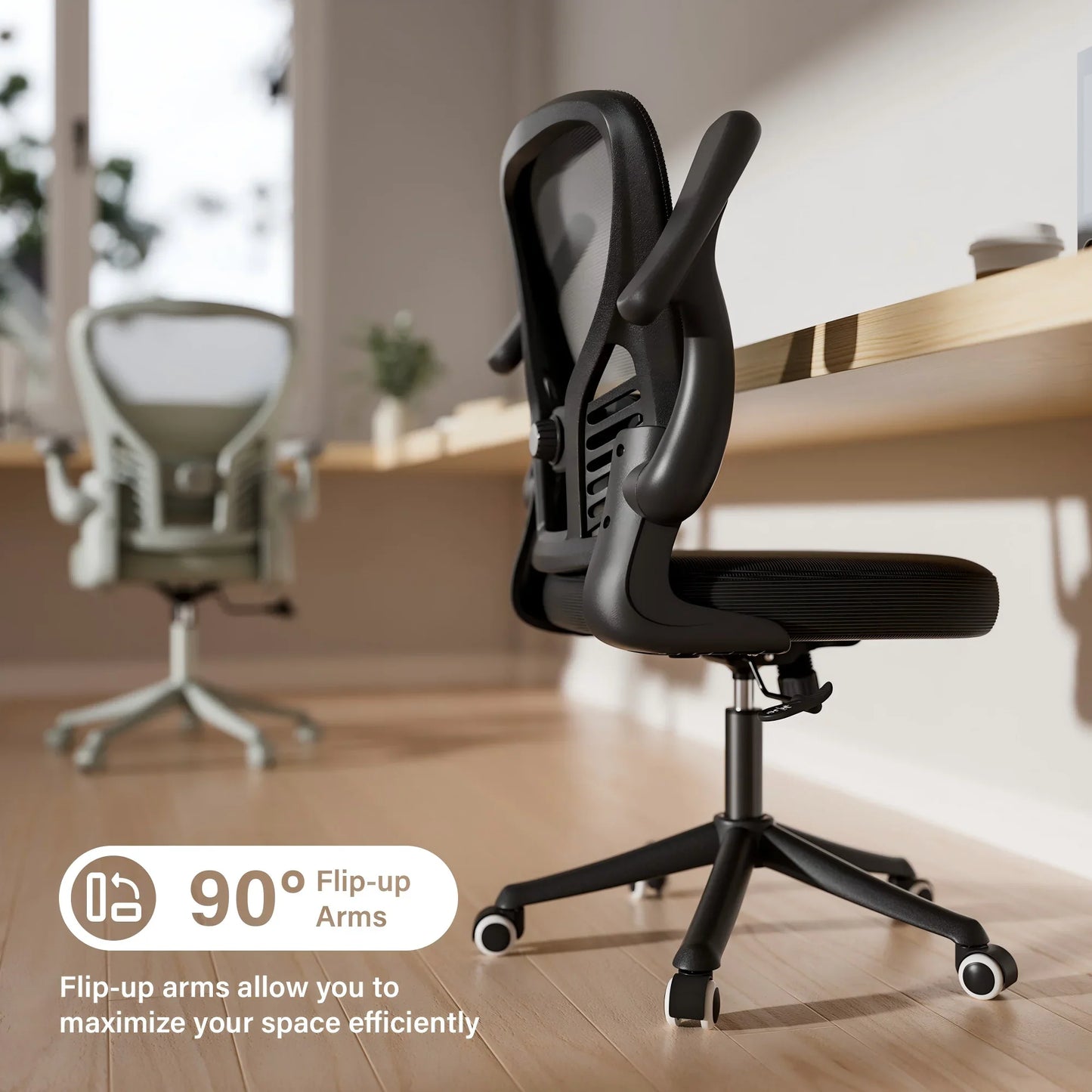 HomeZeer Mesh Middle Back Home Office Desk Chair with Caster and Flip-up Arms, Black