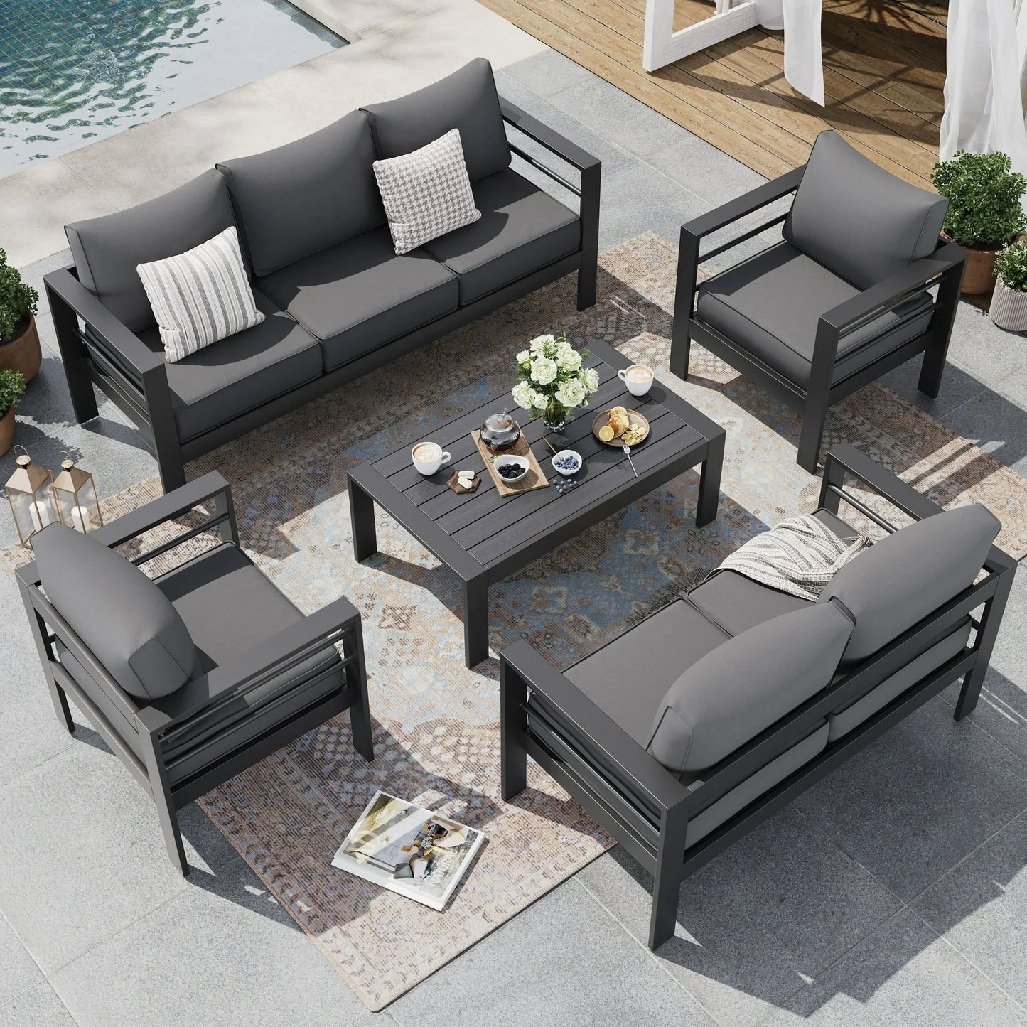Poteban Aluminum Patio Furniture Set, Modern Metal Outdoor Patio Furniture, 8 Pieces Patio Conversation Sets with Side Table for Poolside, Deck, Gray