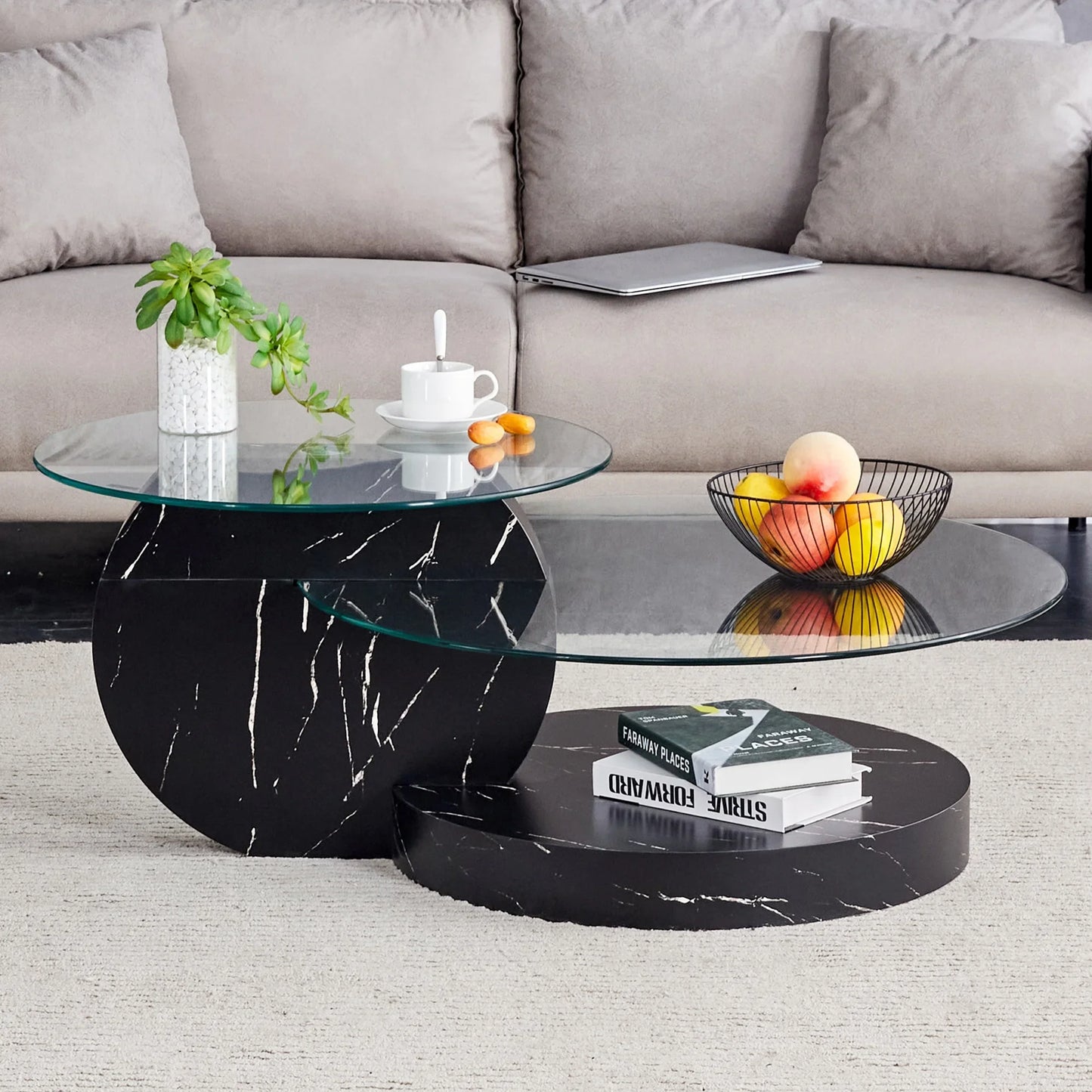 Modern Double Layer Round Glass Cofee Table for Small Space Home Office,42 Inch Black