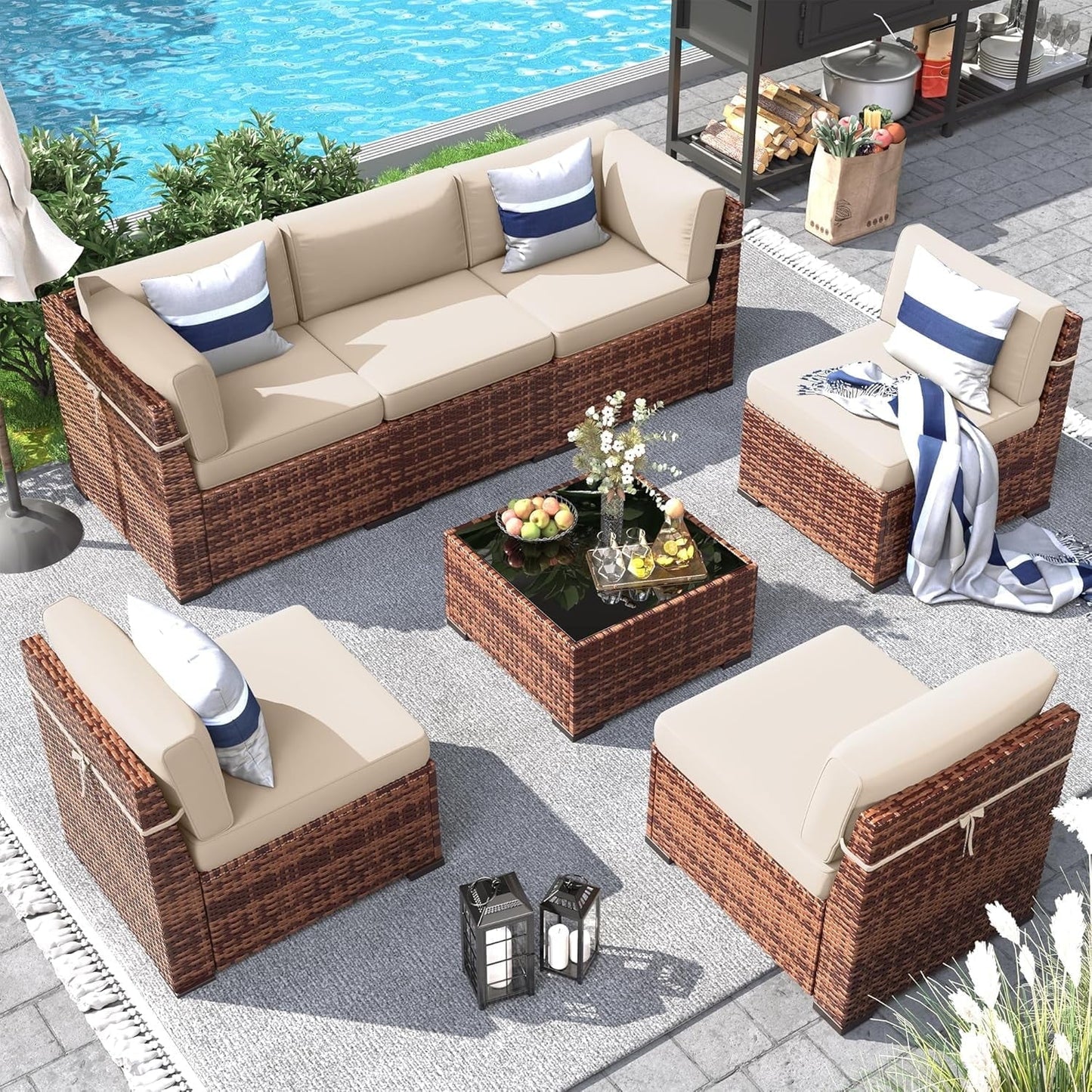 Poteban 7 Piece Outdoor Patio Furniture Set, Brown Rattan Wicker Outdoor Conversation Sectional Sofa Set with Cushions for Backyard, Khaki