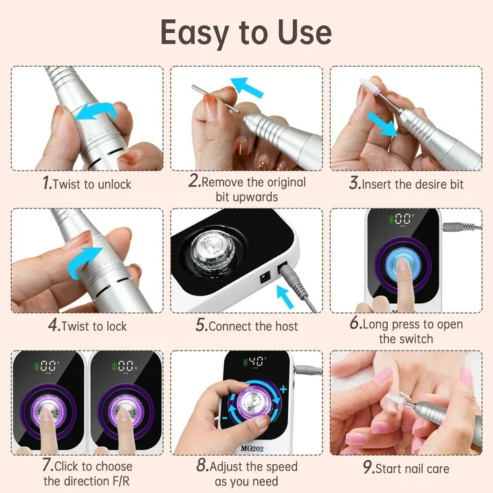 Sentryse Electric Nail Drill 40000RPM Professional Electric File Rechargeable Nail Drill Machine with LCD Display Base 7 Bits for Salon Manicures