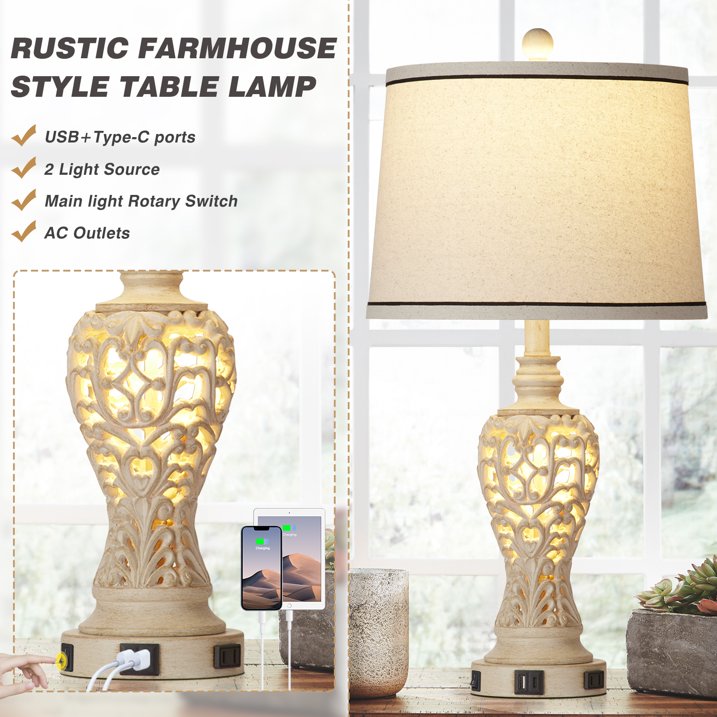 Cinkeda Farmhouse Table Lamp Set of 2 with USB A C Ports AC Outlet Nightlight Vintage Floral Resin Bedside Nightstand Lamps for Living Room Bedroom