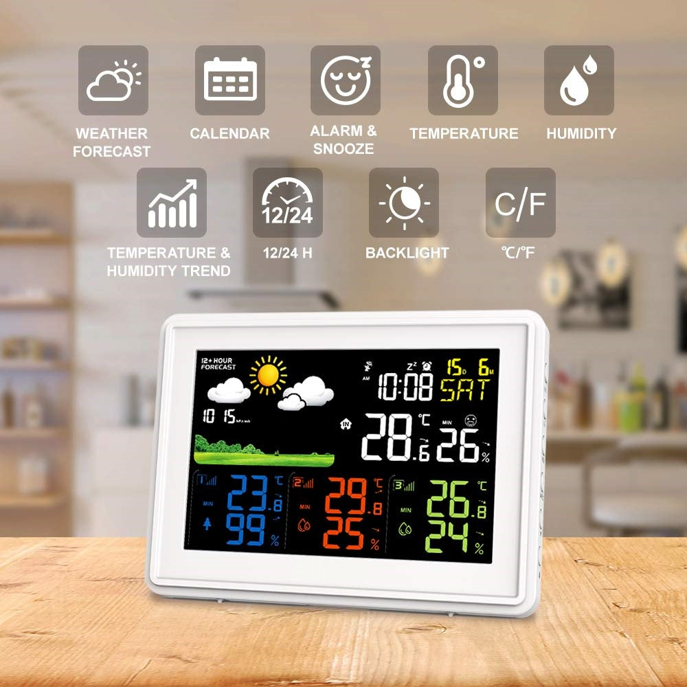 Wireless Color Display Weather Station with Moon Phase, Barometric Pressure, Temperature and Humidity Sensors for Indoors and Outdoors
