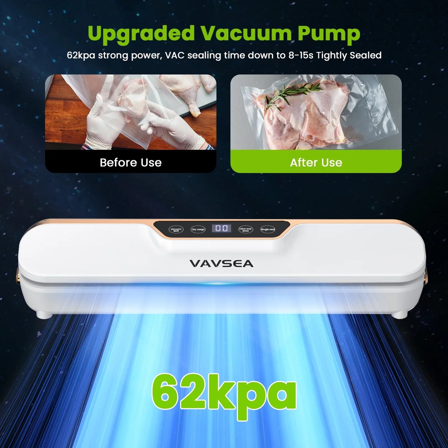VAVSEA Vacuum Sealer, 62Kpa Food Sealer Machines with 4 Modes, Dry/Draw/Seal/Vac and 10Pcs Bags Starter Kit for Dry Moist Food Storage Sous Vide for Kitchen