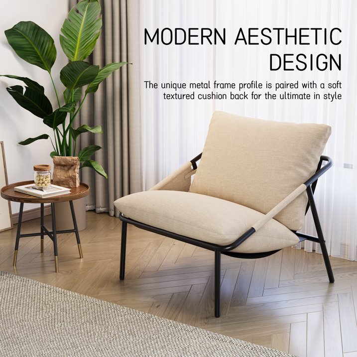 Sling Accent Chair, Modern Comfy Metal Framed Armchair with Side Pockets, Mid-Century Lounge Chair for Living Room Bedroom Reception Room - Beige