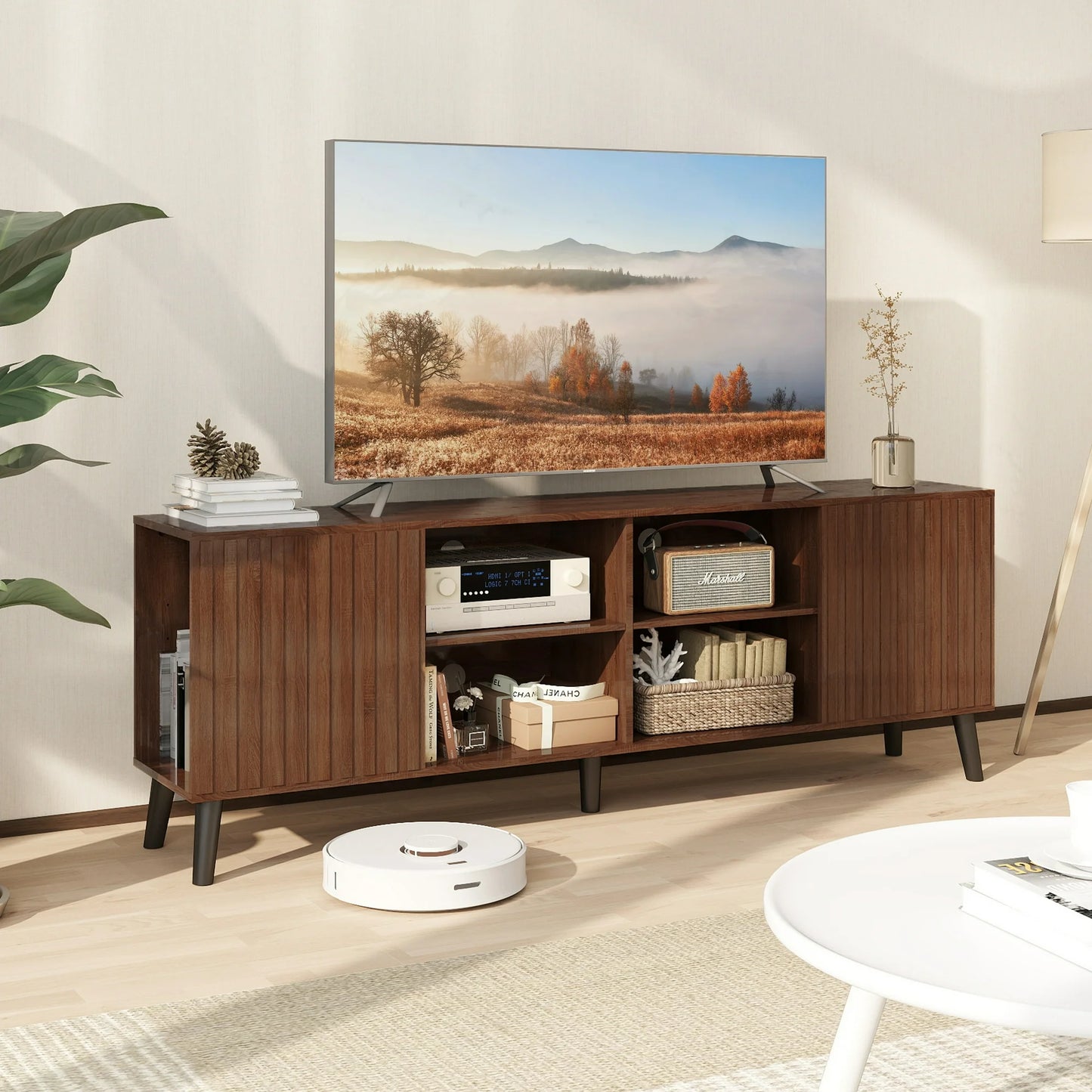Anrist Mid-Century Modern TV Stand, Home Media Entertainment Center for up to 85in TV Console Storage Cabinet for Living Room, Walnut