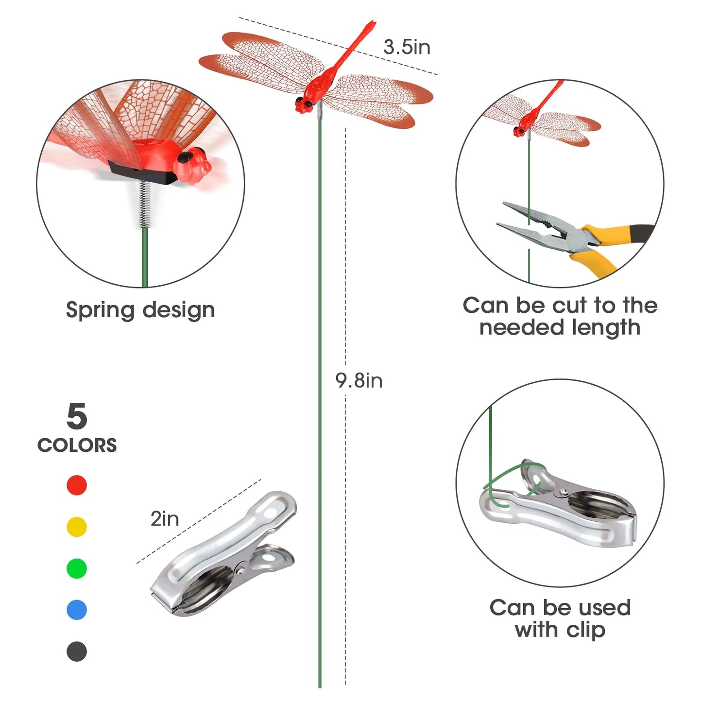 NiHome 15PCS Decorative Dragonfly Clips Decor for Garden, 9.8 Long Multicolor Waterproof Outdoor & Indoor Use, Versatile Clip-On Plant Decoration & Fly Deterrent, Includes Pliers for Easy Attachment