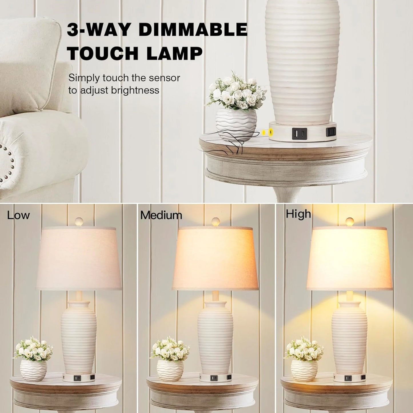 Cinkeda 24 Touch Control Single Table Lamp with USB Type C Ports AC Outlet Farmhouse White Resin Jar 3 Way Dimmable Nightstand Bedside Lamp for Living Room Bedroom
