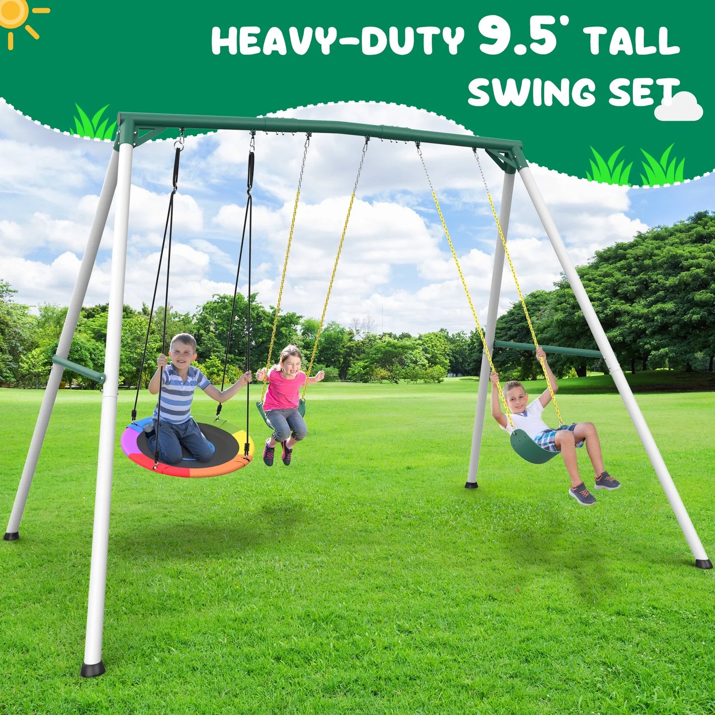 KloKick 9.5 Heavy Duty Swing Set for Kids Adults Includes Saucer Swing 2 Belt Swings, Outdoor Playground Equipment for Backyard Fun