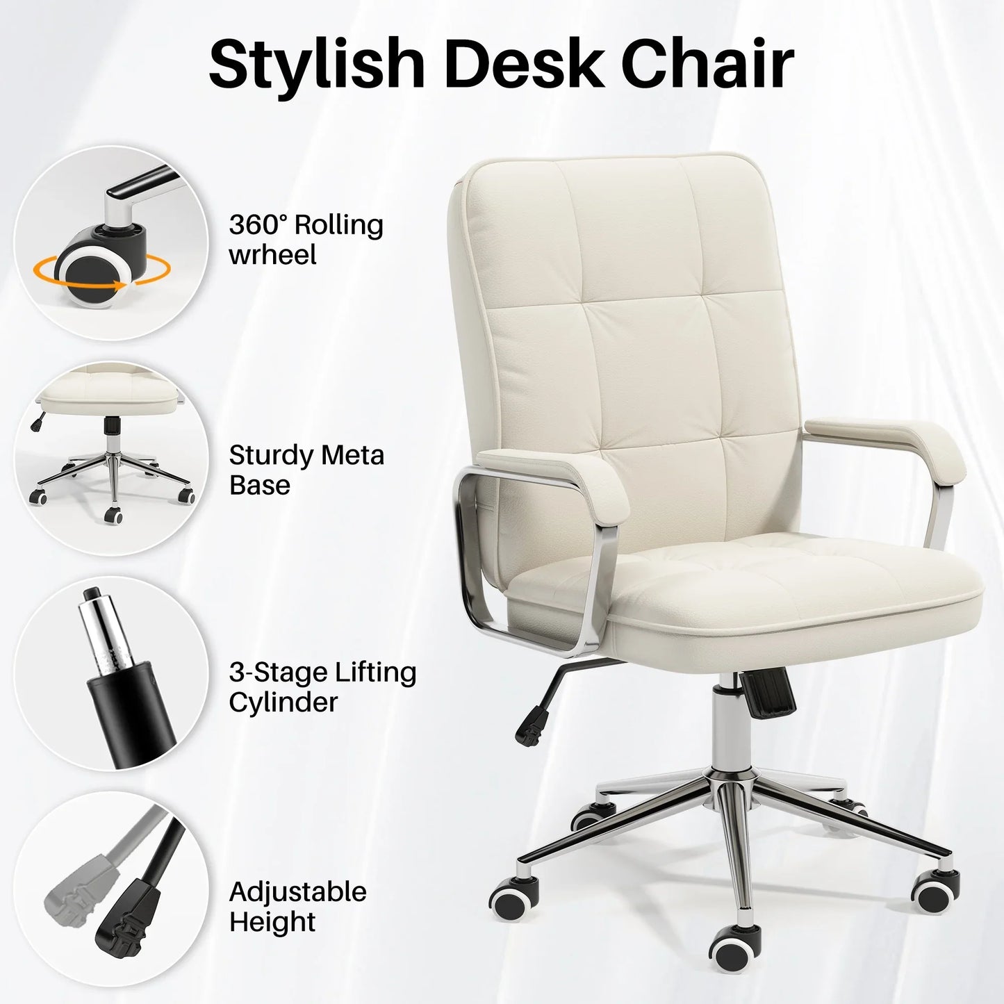 HomeZeer Executive Office Chair 300lbs, Mid Back Support Computer Desk Chairs with Armrests, Height Adjustable Ergonomic Task Chair for Home Office PU Leather Rolling Swivel Office Chair, White