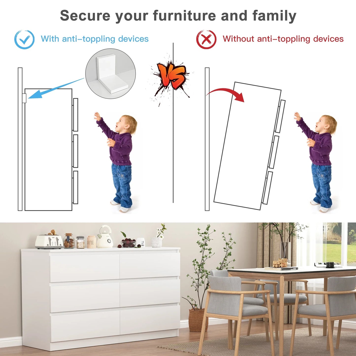 Kadyn White Chest of Drawer, 6 Double Drawer Dresser for Bedroom, Modern Storage Cabinet for Living Room, Nursery Dresser