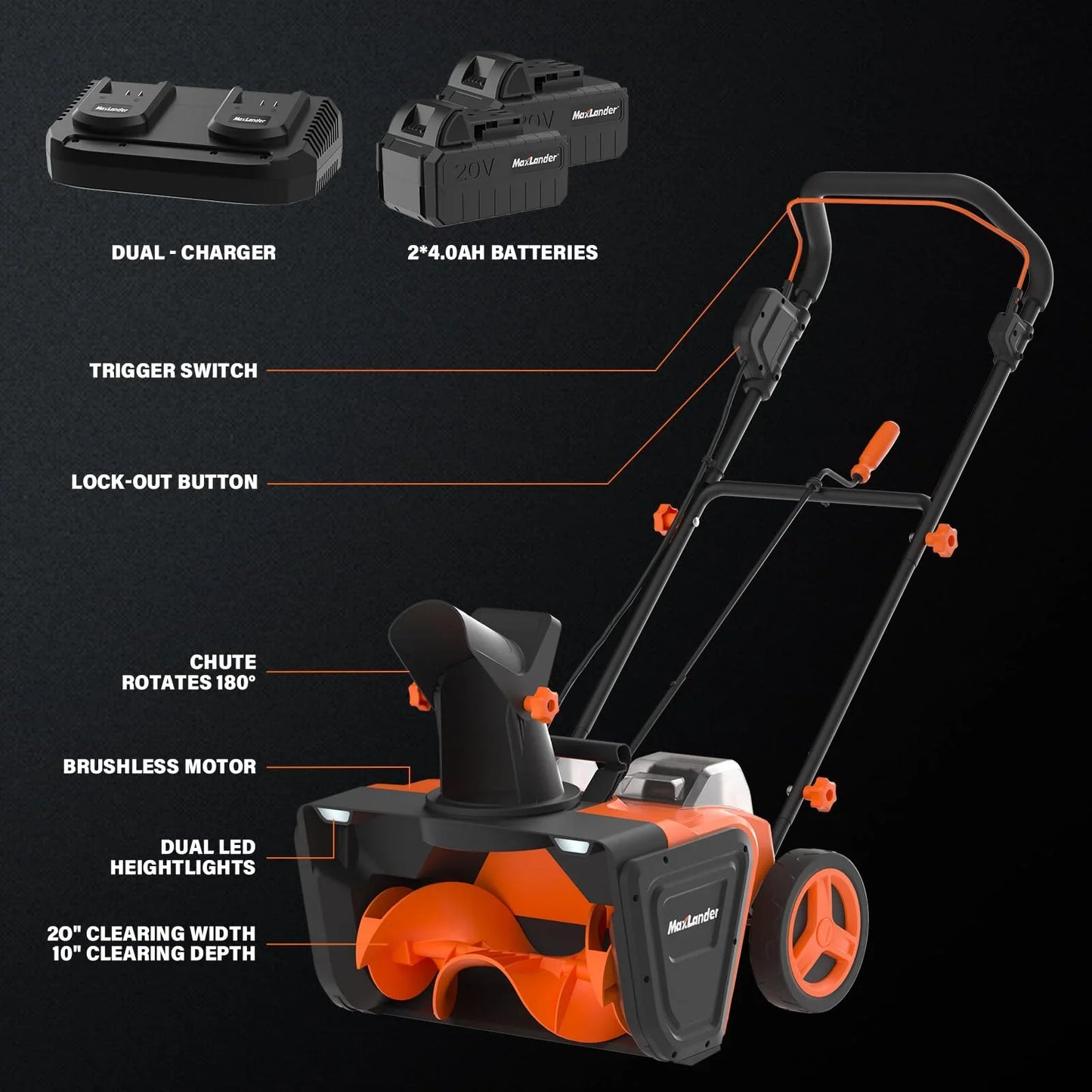 MAXLANDER Snow Blower Cordless, 40V 20-Inch Brushless Cordless Snow Blower with Dual LED Lights, 180 Rotating Chute, Electric Snow Blower Battery Powered 2 x 4.0Ah Batteries and Charger Included