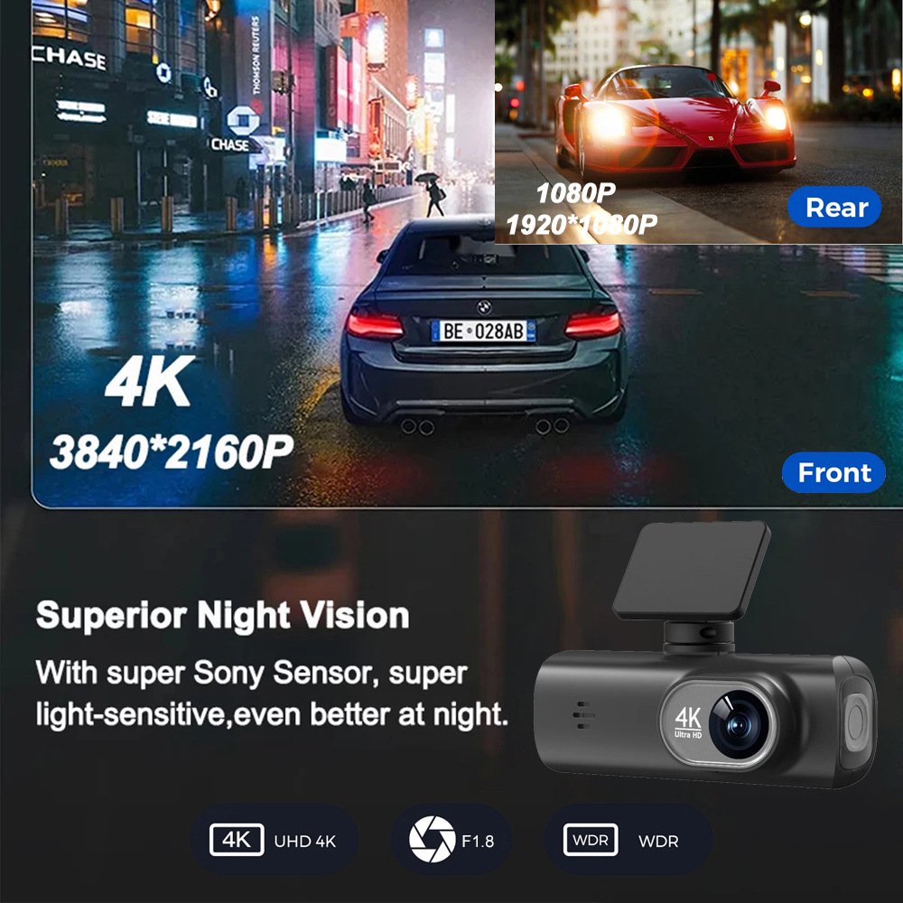 LIVOSA Dash Cam Front and Rear, 4K Dash Cam with WiFi & GPS, Dash Camera for Cars, Dashcam with APP, Car Camera with G-Sensor, Night Vision, WDR, Loop Recording