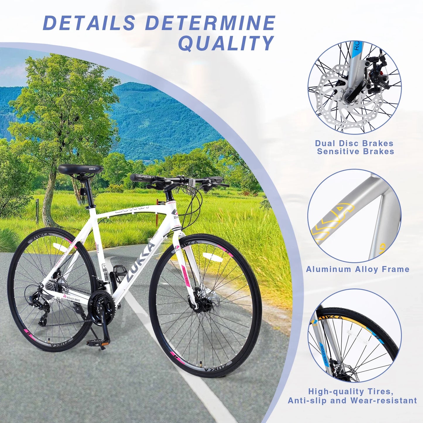 24 Speed Road Bike for Men Women, 700C Aluminum Flat Bar Road Bike with Disc Brakes, White