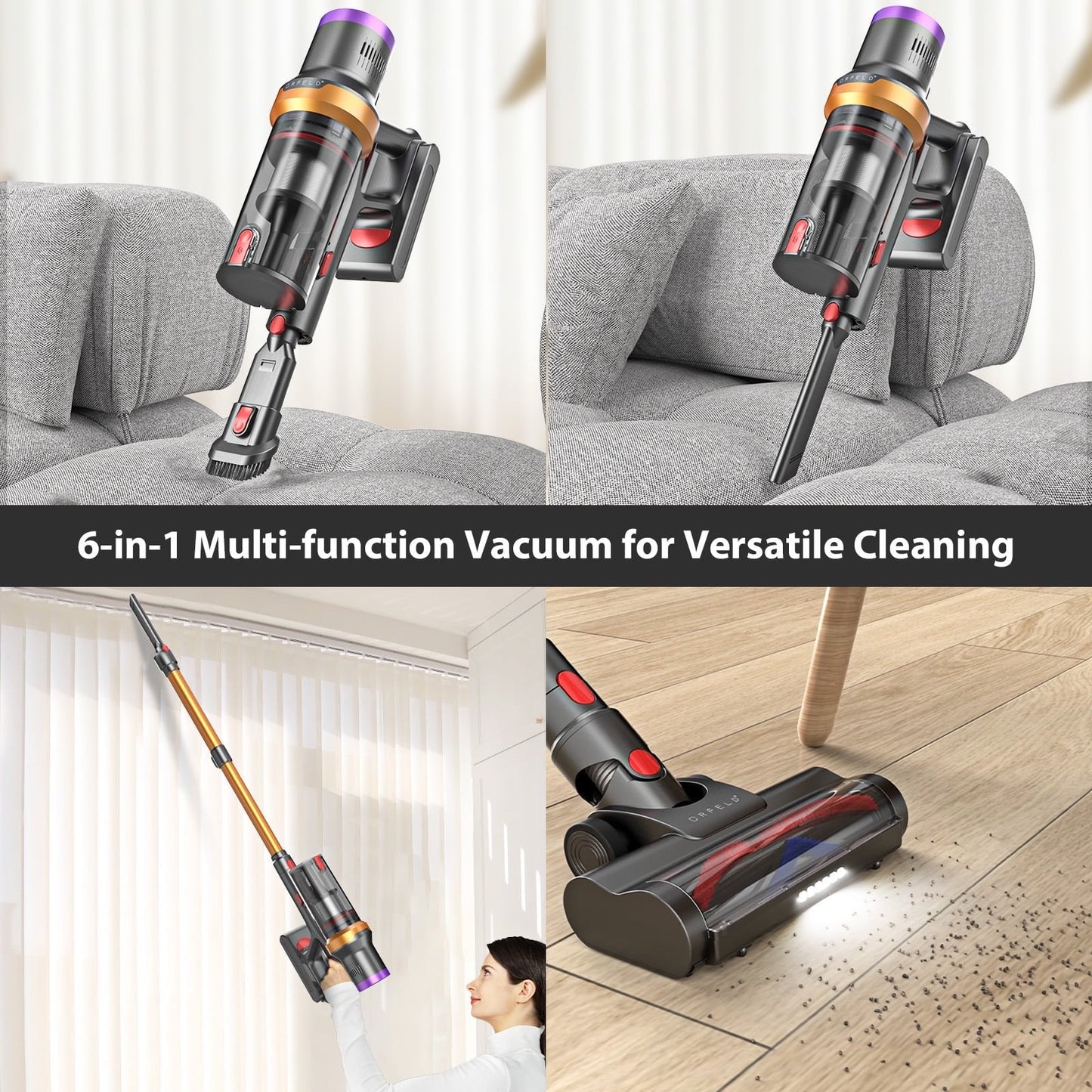 ORFELD Cordless Vacuum Cleaner, 45mins 300W 25kap Rechargeable Stick Vacuum for Carpet Hardwood Floor Pet Hair,Gold,SV30