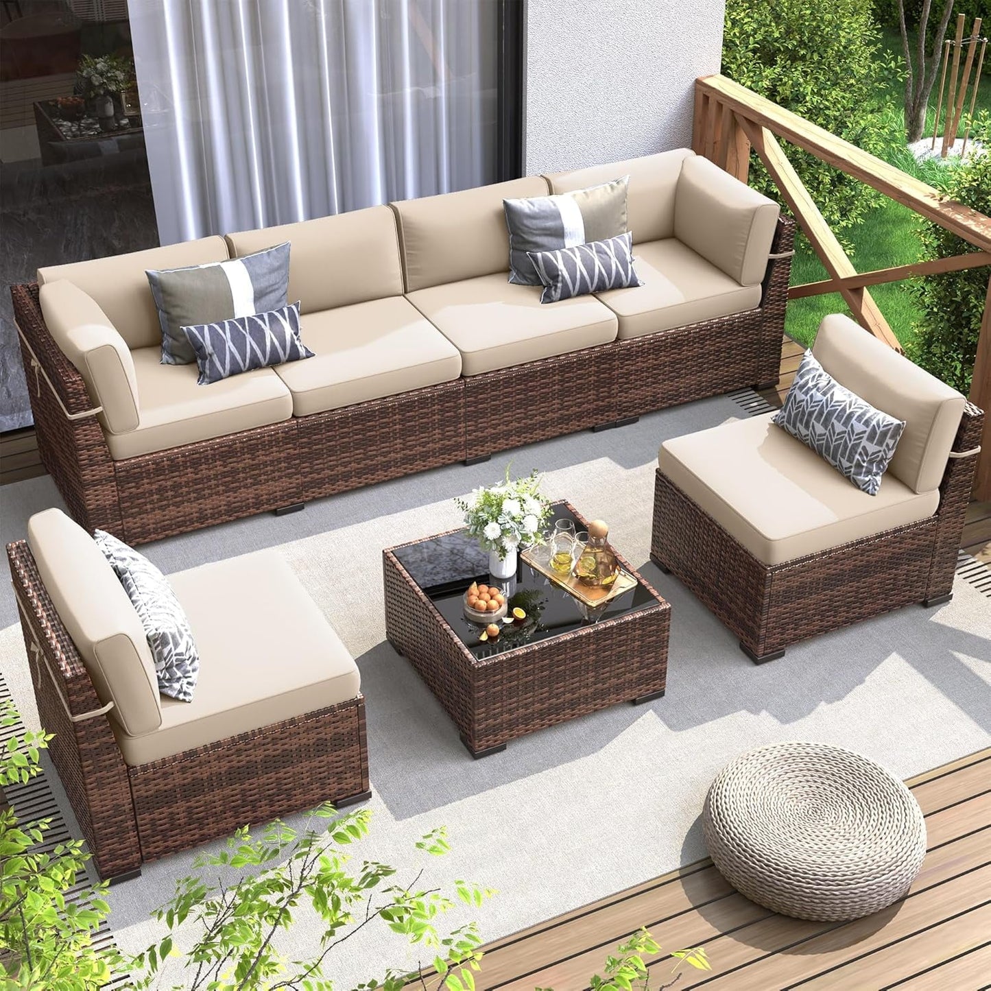 Poteban 7 Piece Outdoor Patio Furniture Set, Brown Rattan Wicker Outdoor Conversation Sectional Sofa Set with Cushions for Backyard, Khaki