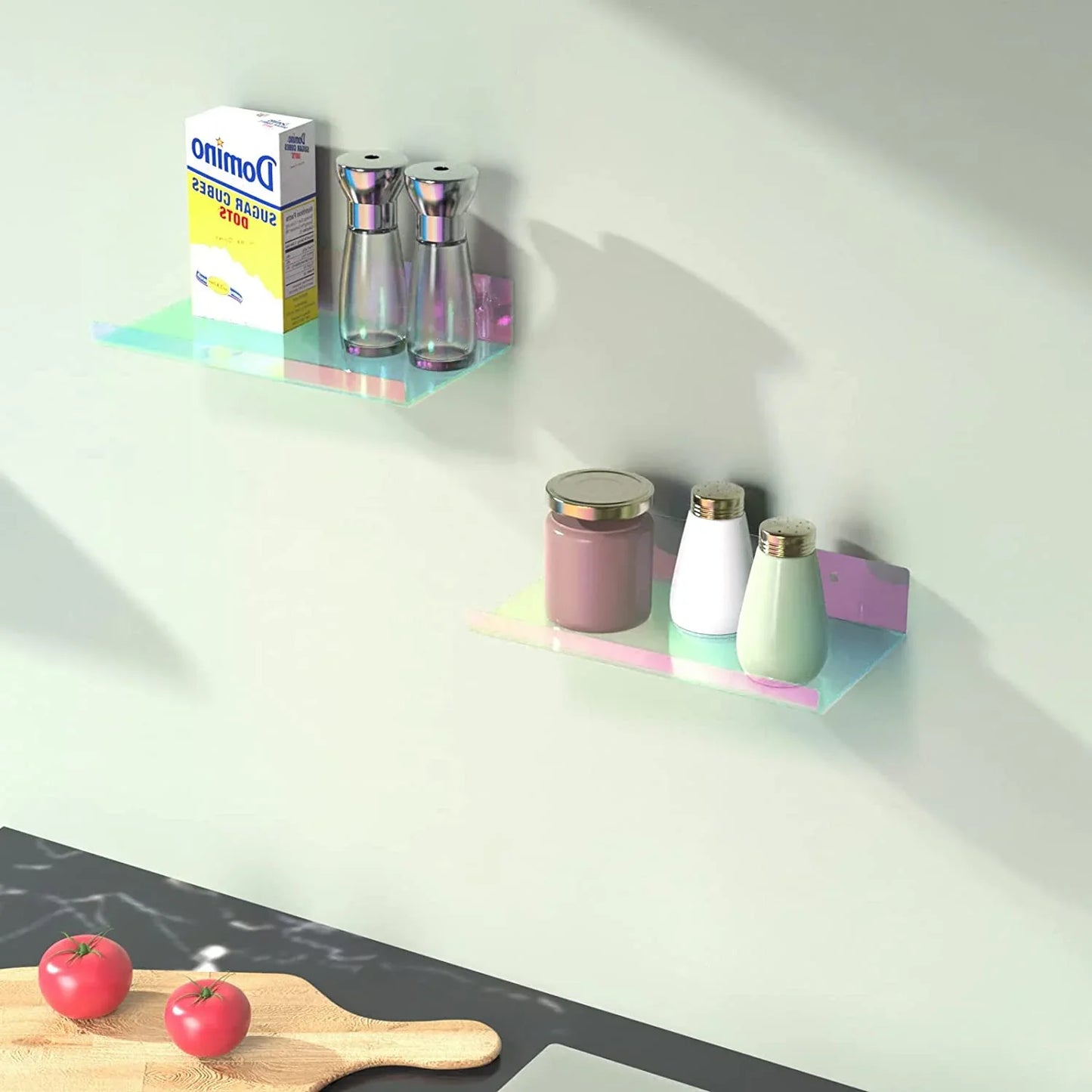 NiHome 2-Pack Medium Iridescent Acrylic Floating Shelves with Edge, 7.9"x4.5" Rainbow Ledge Shelf Adhesive & Screw Wall Mounting Phone Holder Shelf for Home D?cor, Bathroom, Kitchen and Office