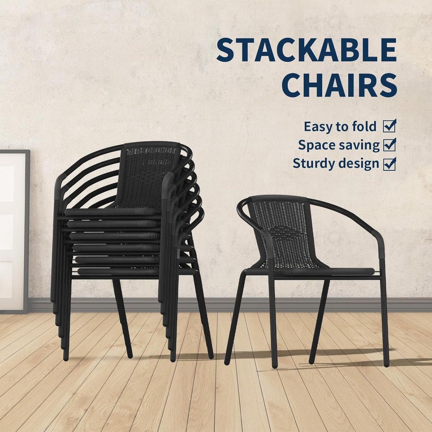 ELPOSUN Outdoor Dining Chairs Set of 4, Wicker Patio Chairs with Metal Frame, Rattan Indoor-Outdoor Chairs for Bistro, Deck, Backyard, Porch, Restaurant Stack Chair 4 Pack (Black)