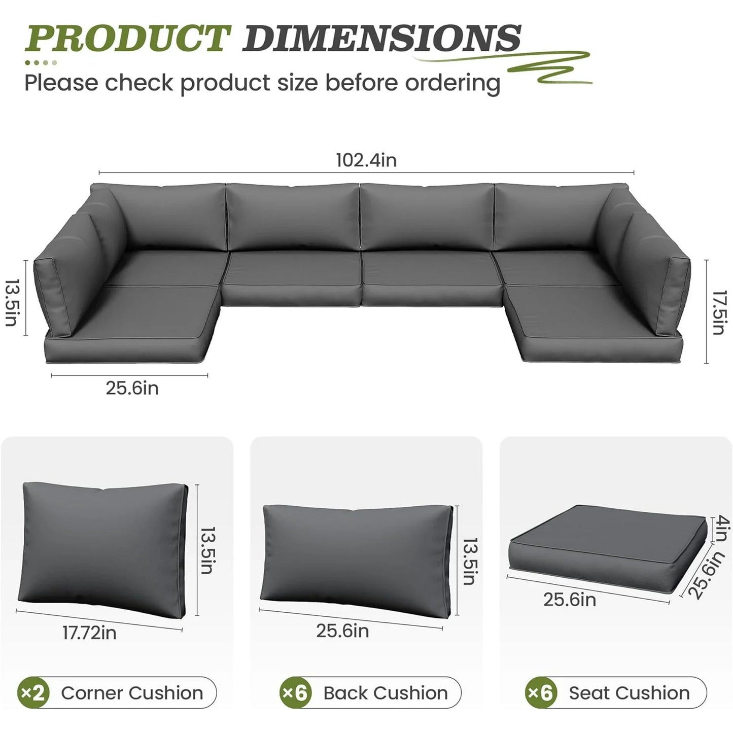 Poteban Outdoor Cushions for Patio Furniture Replacement, Waterproof Patio Furniture Cushions, Deep Seat Patio Cushions, Patio Seat Cushions for Outdoor Sectional (Grey)