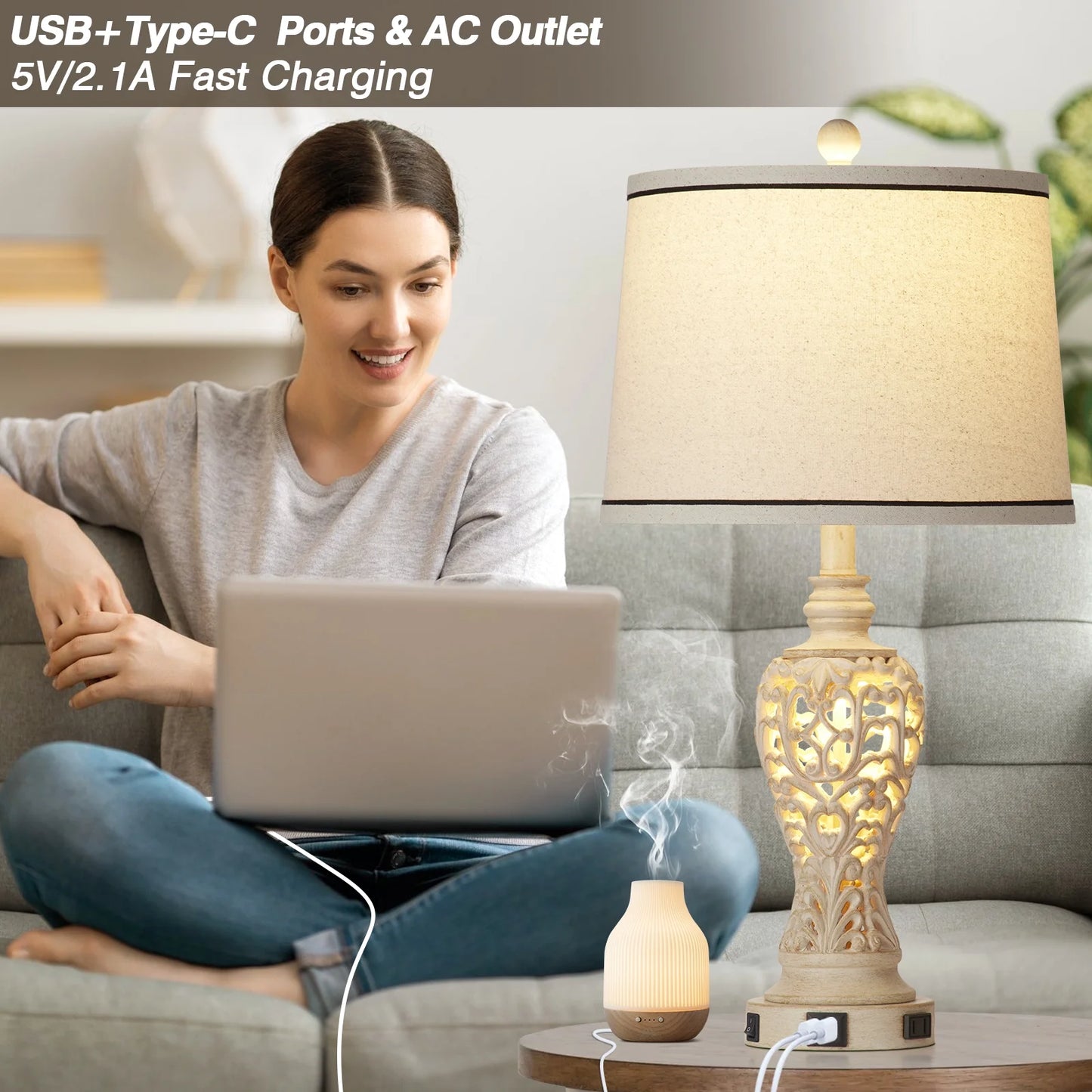 Cinkeda Farmhouse Table Lamp Set of 2 with USB A C Ports AC Outlet Nightlight Vintage Floral Resin Bedside Nightstand Lamps for Living Room Bedroom
