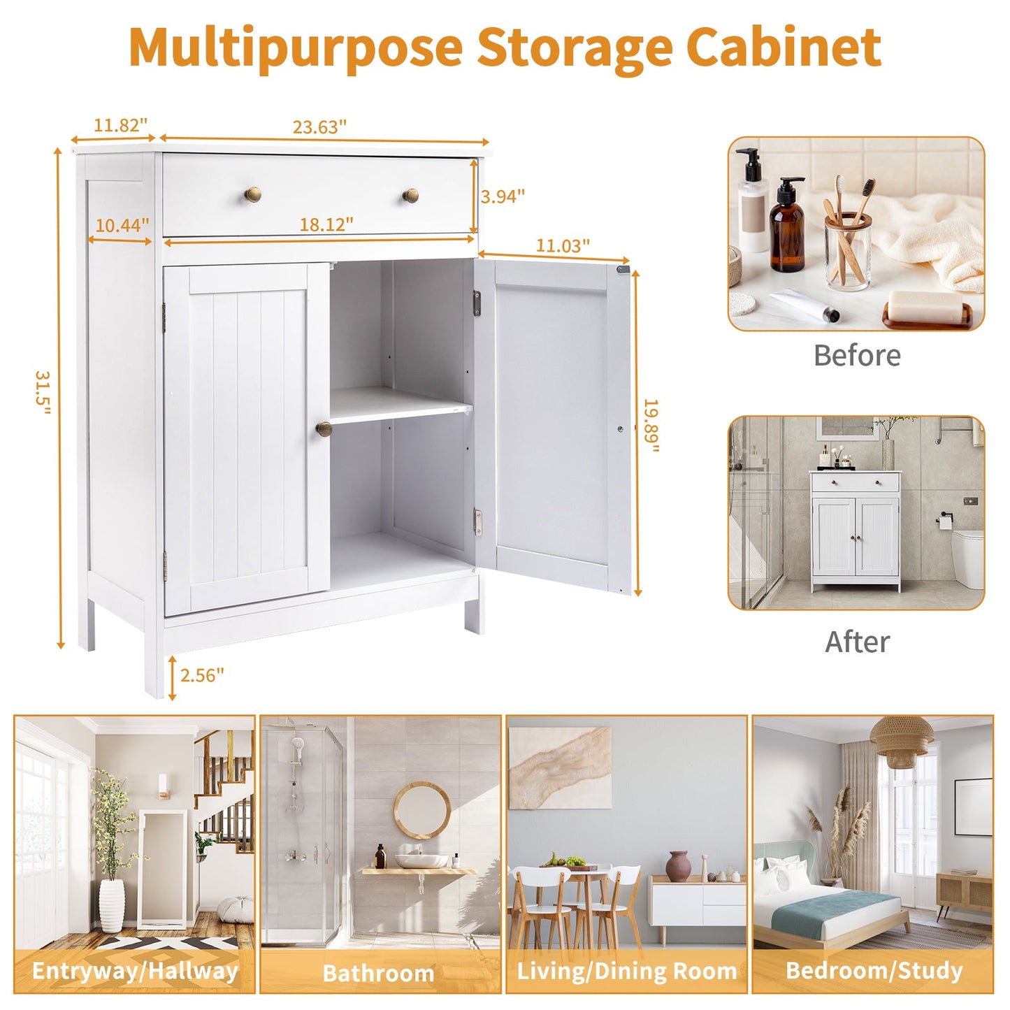 Zimtown White Wooden 2-Door Bathroom Cabinet Storage Organizer with 2 Shelves& 1 Drawer Free Standing