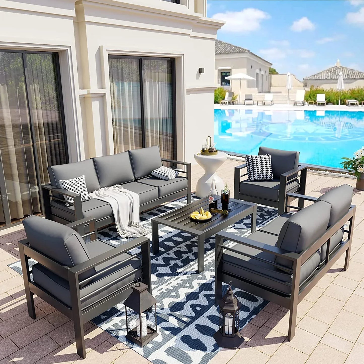 Poteban Aluminum Patio Furniture Set, Modern Metal Outdoor Patio Furniture, 8 Pieces Patio Conversation Sets with Side Table for Poolside, Deck, Gray