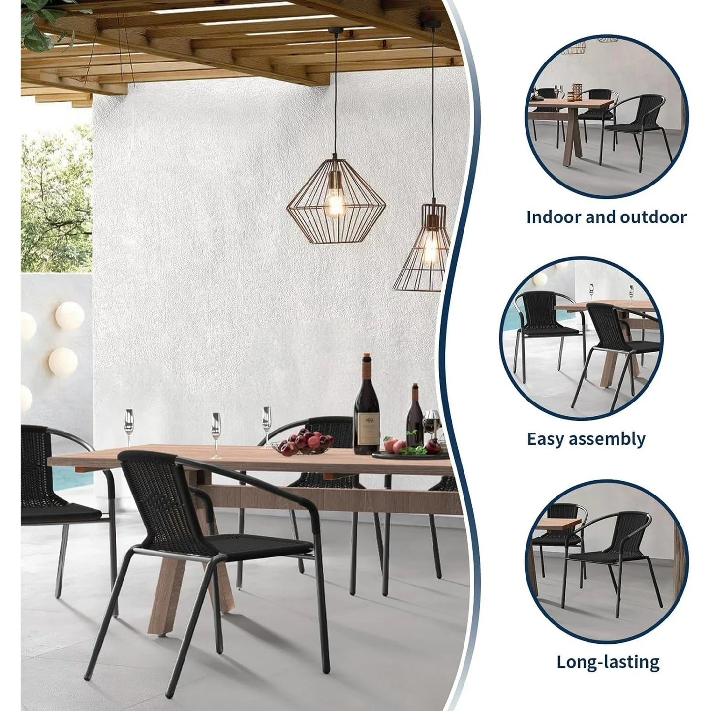 ELPOSUN Outdoor Dining Chairs Set of 4, Wicker Patio Chairs with Metal Frame, Rattan Indoor-Outdoor Chairs for Bistro, Deck, Backyard, Porch, Restaurant Stack Chair 4 Pack (Black)