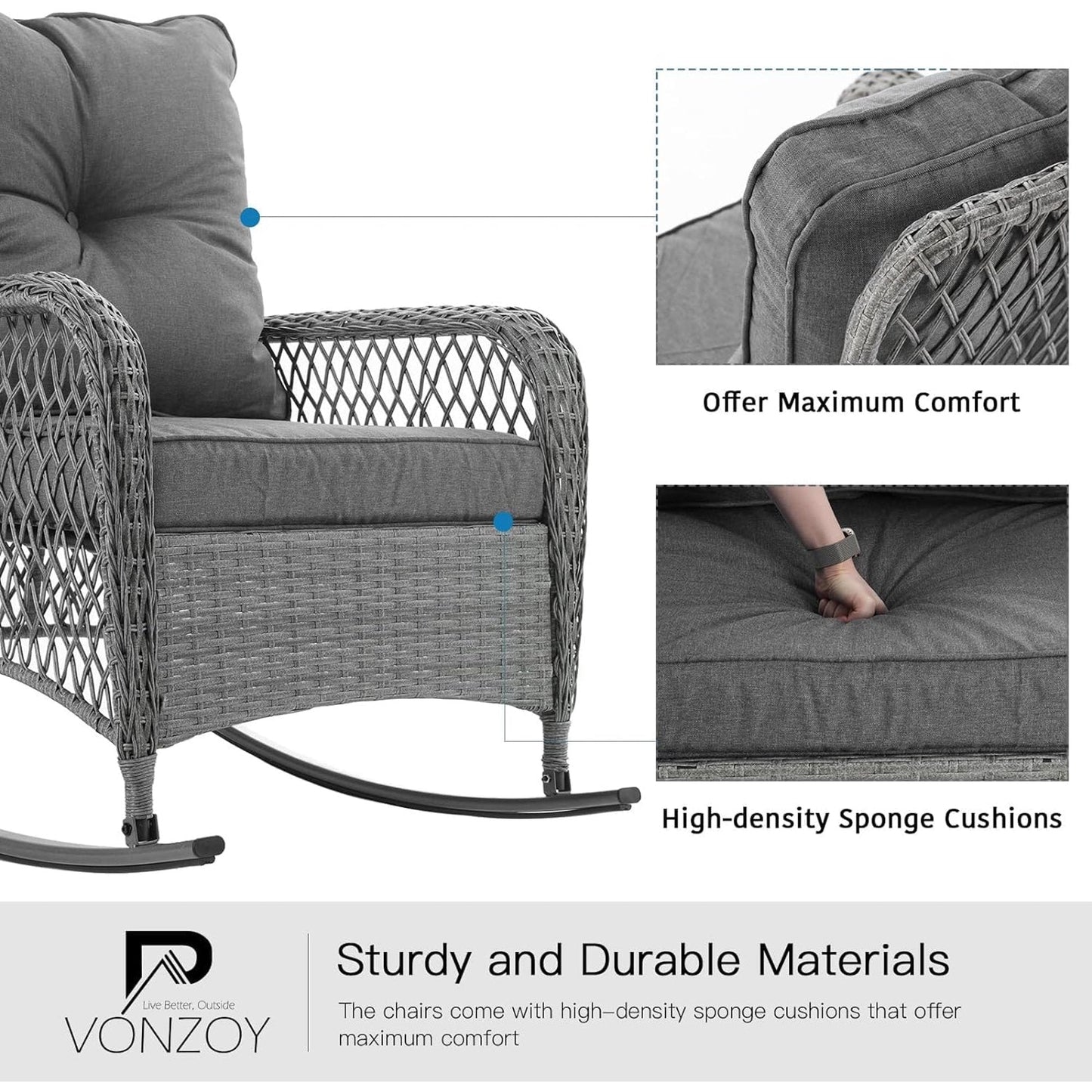 Poteban 3-Piece Outdoor Rocking Chairs, Wicker Patio Furniture with Thickened Cushions and Table for Porch(Light Gray)