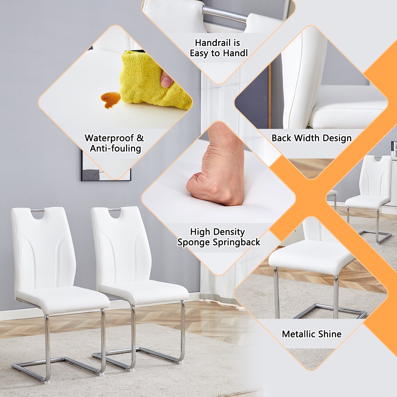 Sumdeal Modern White Pu Leather Dining Chair Set with Silver C-shaped Metal Legs,Set of 2