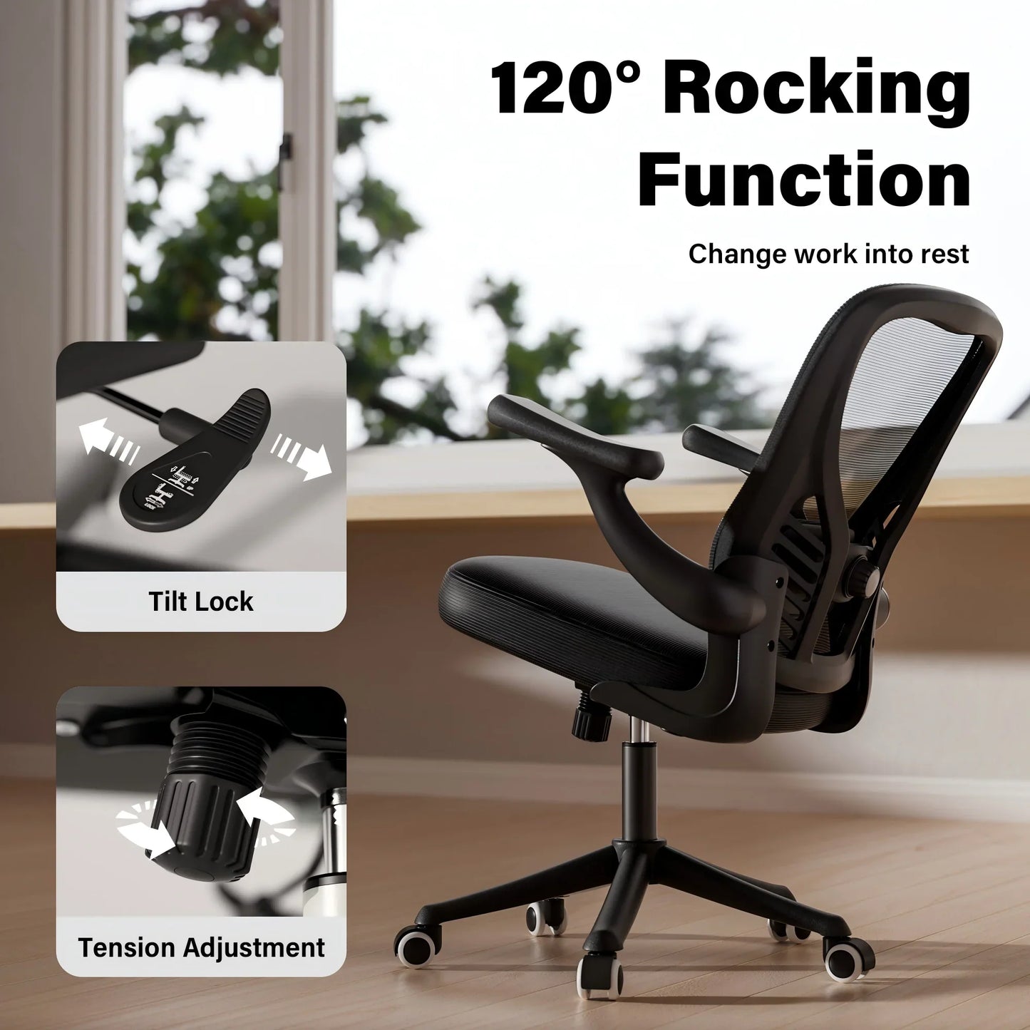 HomeZeer Mesh Middle Back Home Office Desk Chair with Caster and Flip-up Arms, Black