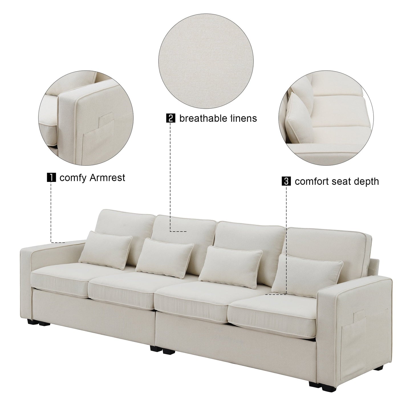 Churanty Sectional Sofa 4 Seater Couch with Armrest Pockets, Linen Upholstered Sofa with 4 Pillows for Living Room Apartment,