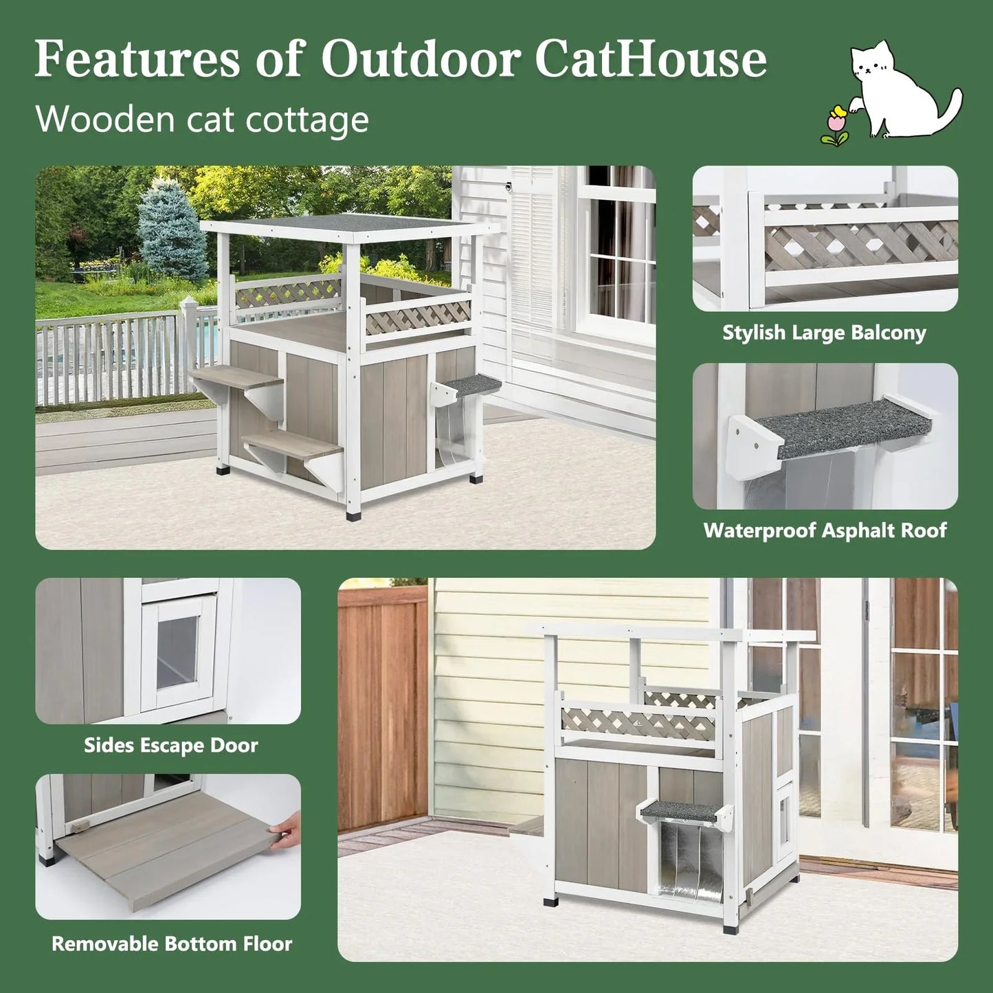 PETSCOSSET Outdoor Cat House 2 Story Wooden Houses for Outside Feral Cats Weatherproof Indoor Cat Condo with Large Balcony 2 Escape Doors to Enhanced Safety, Easy Slide Bottom, Simple Assembly