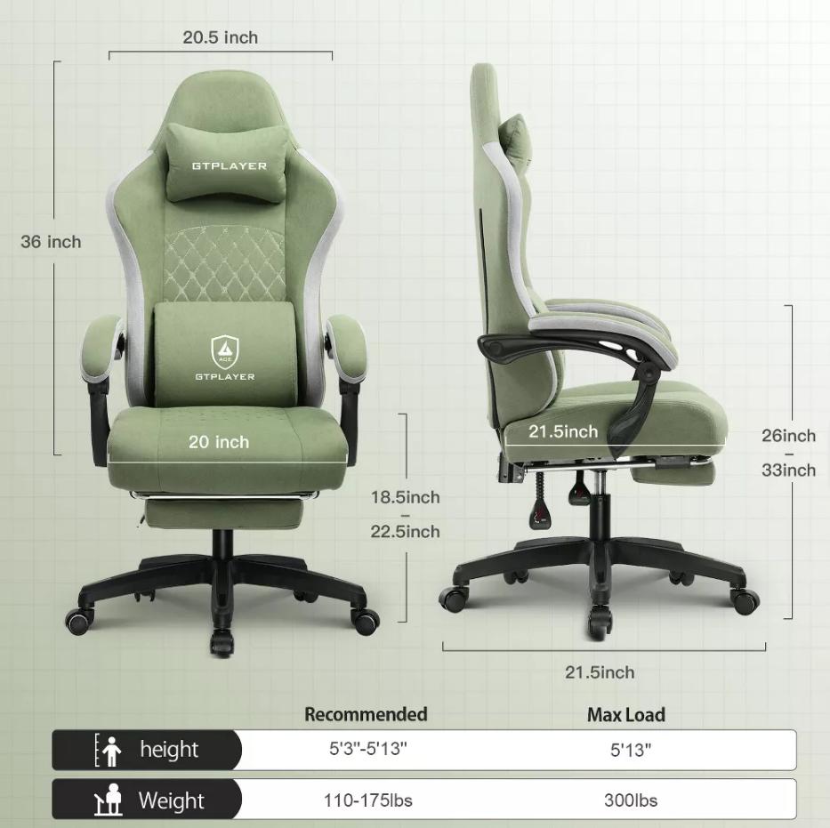 GTPLAYER Gaming Chair, Computer Office Chair with Pocket Spring Cushion, Linkage Armrests and Footrest