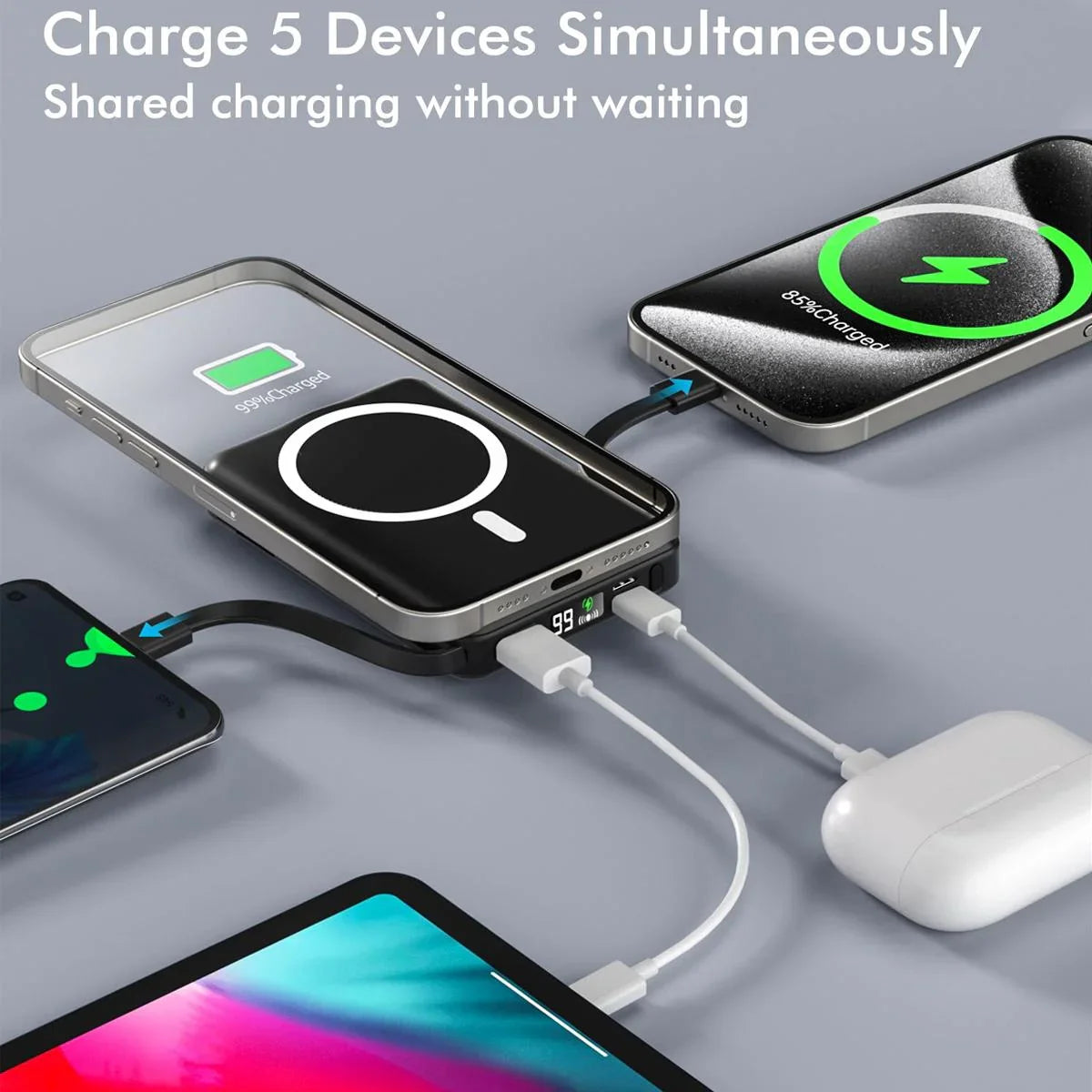Podoru Wireless Portable Charger, 10000mAh Magnetic Power Bank Built-in USB C Lighting Cables 22.5W PD Fast Charging LED Display Battery Pack for for iPhone 16 15 14 13 12 Black