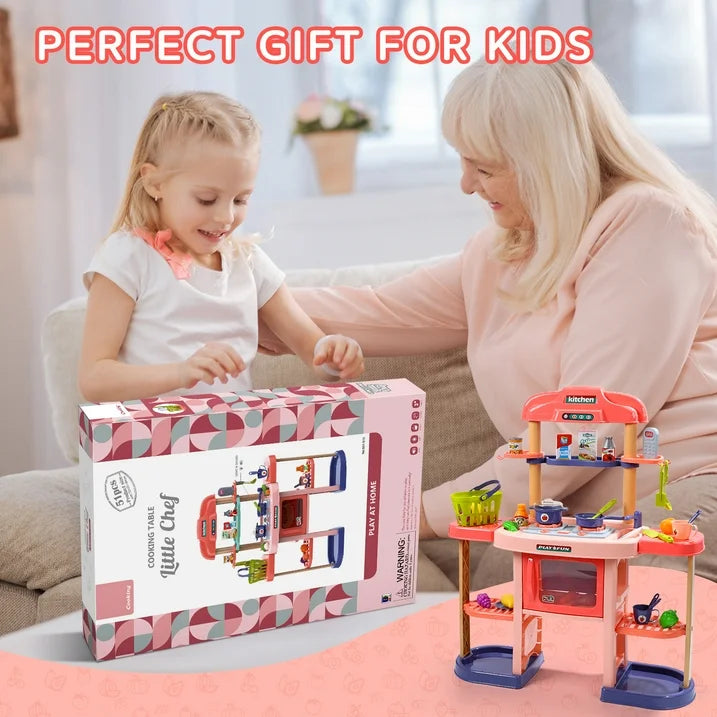 JoyStone Kids Play Kitchen, Large Kitchen Playset w/Shelf, Play Food, Spray Stove, Oven, Real Sounds and Light Pretend Play Cooking Set for Toddlers Girls and Boys