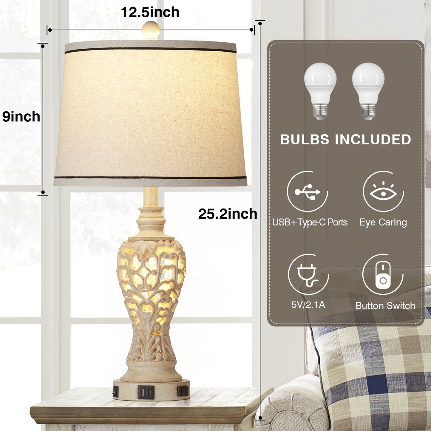 Cinkeda Farmhouse Table Lamp Set of 2 with USB A C Ports AC Outlet Nightlight Vintage Floral Resin Bedside Nightstand Lamps for Living Room Bedroom