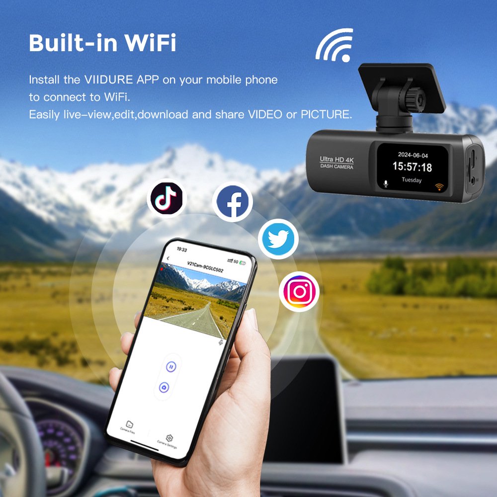 LIVOSA Dash Cam Front and Rear, 4K Dash Cam with WiFi & GPS, Dash Camera for Cars, Dashcam with APP, Car Camera with G-Sensor, Night Vision, WDR, Loop Recording