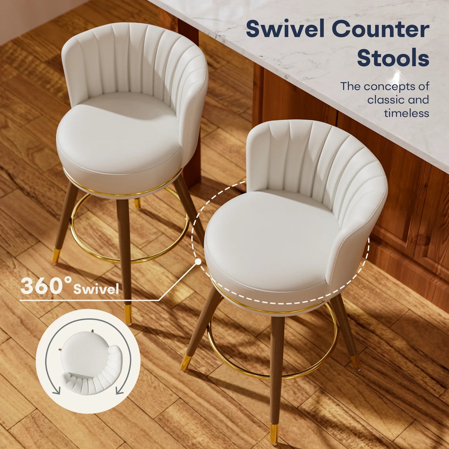 HomeZeer 24" Bar Stools Set of 4, Counter Height Bar Stools with Curved Back Swivel Barstools Pub Chairs with Wood Legs, White