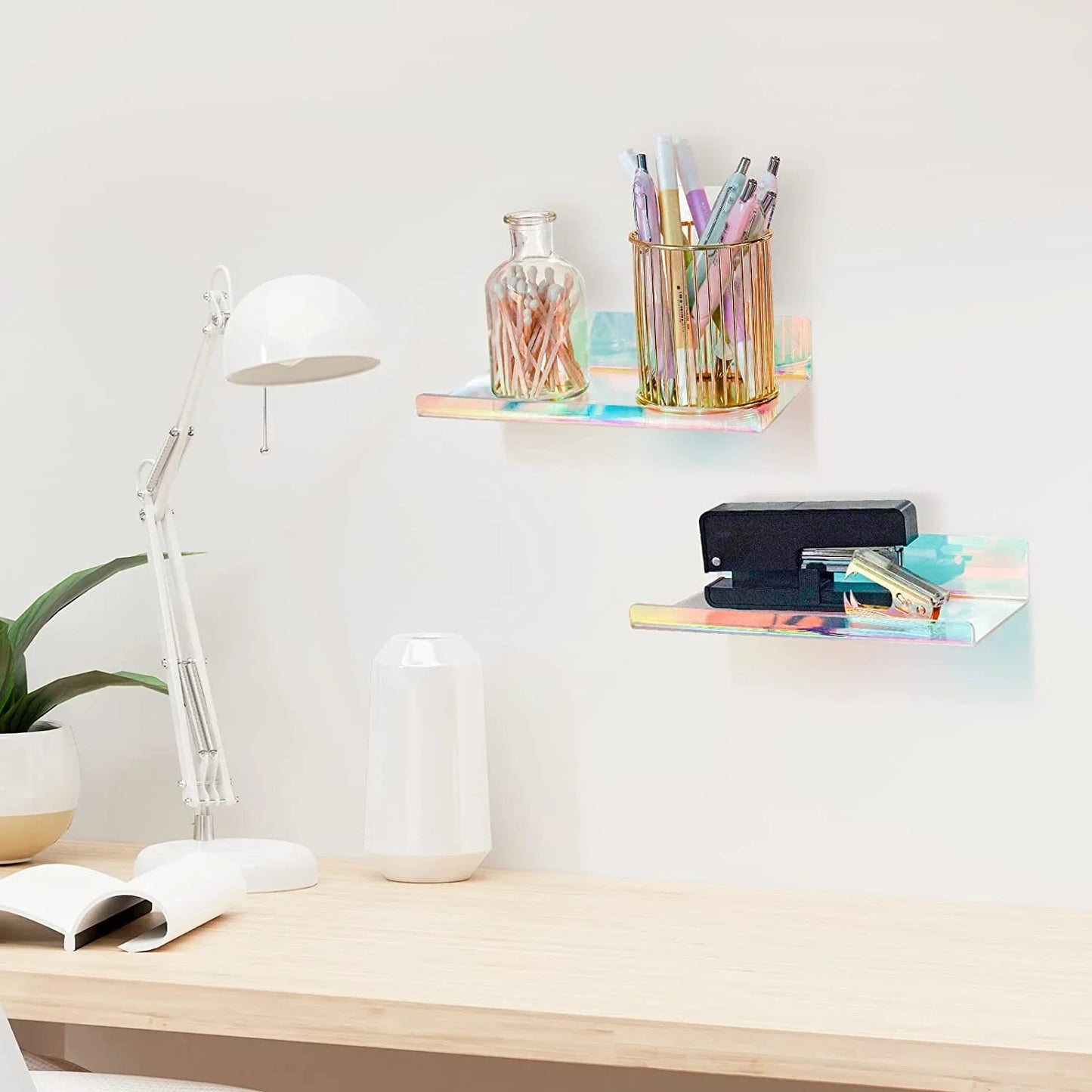 NiHome 2-Pack Medium Iridescent Acrylic Floating Shelves with Edge, 7.9"x4.5" Rainbow Ledge Shelf Adhesive & Screw Wall Mounting Phone Holder Shelf for Home D?cor, Bathroom, Kitchen and Office