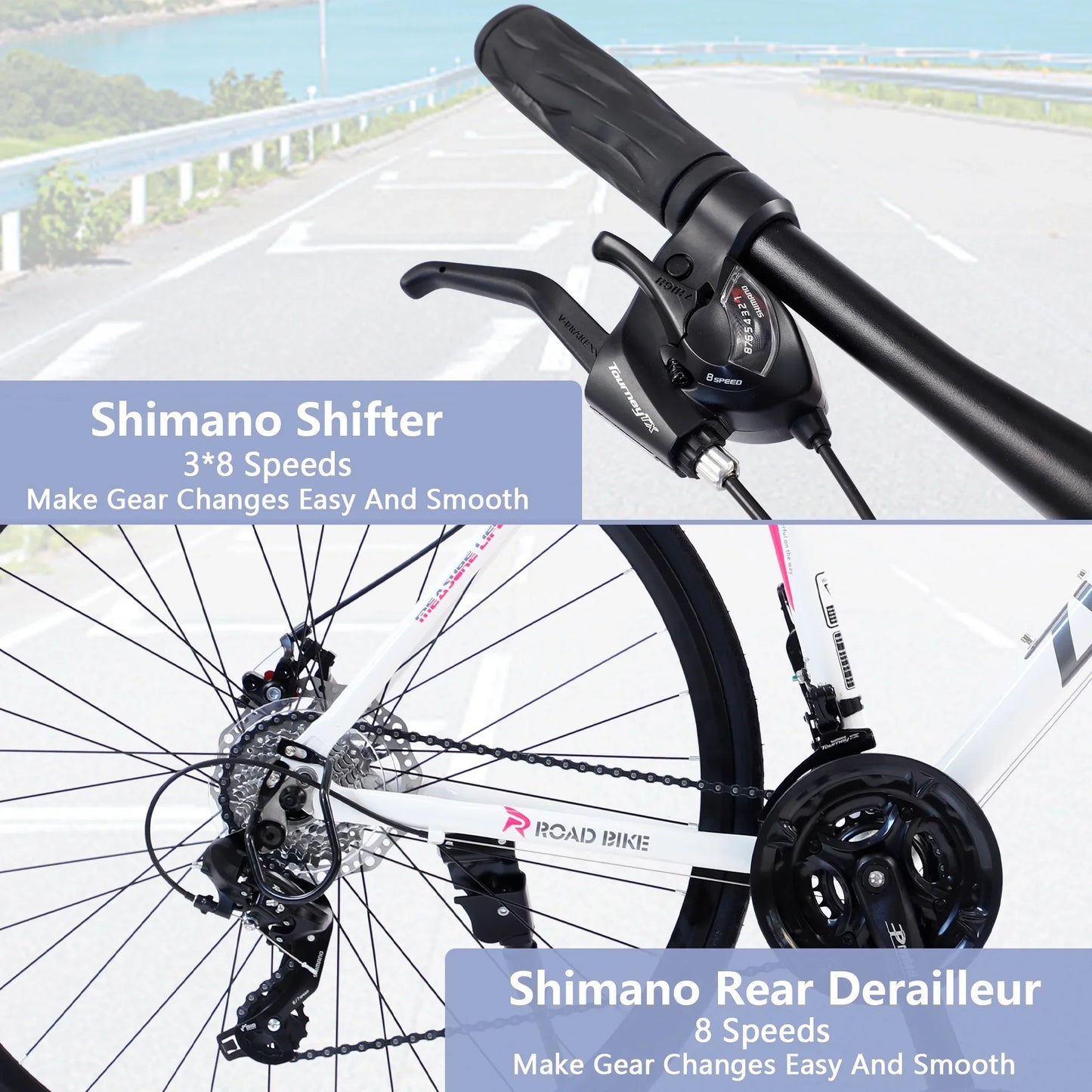 24 Speed Road Bike for Men Women, 700C Aluminum Flat Bar Road Bike with Disc Brakes, White