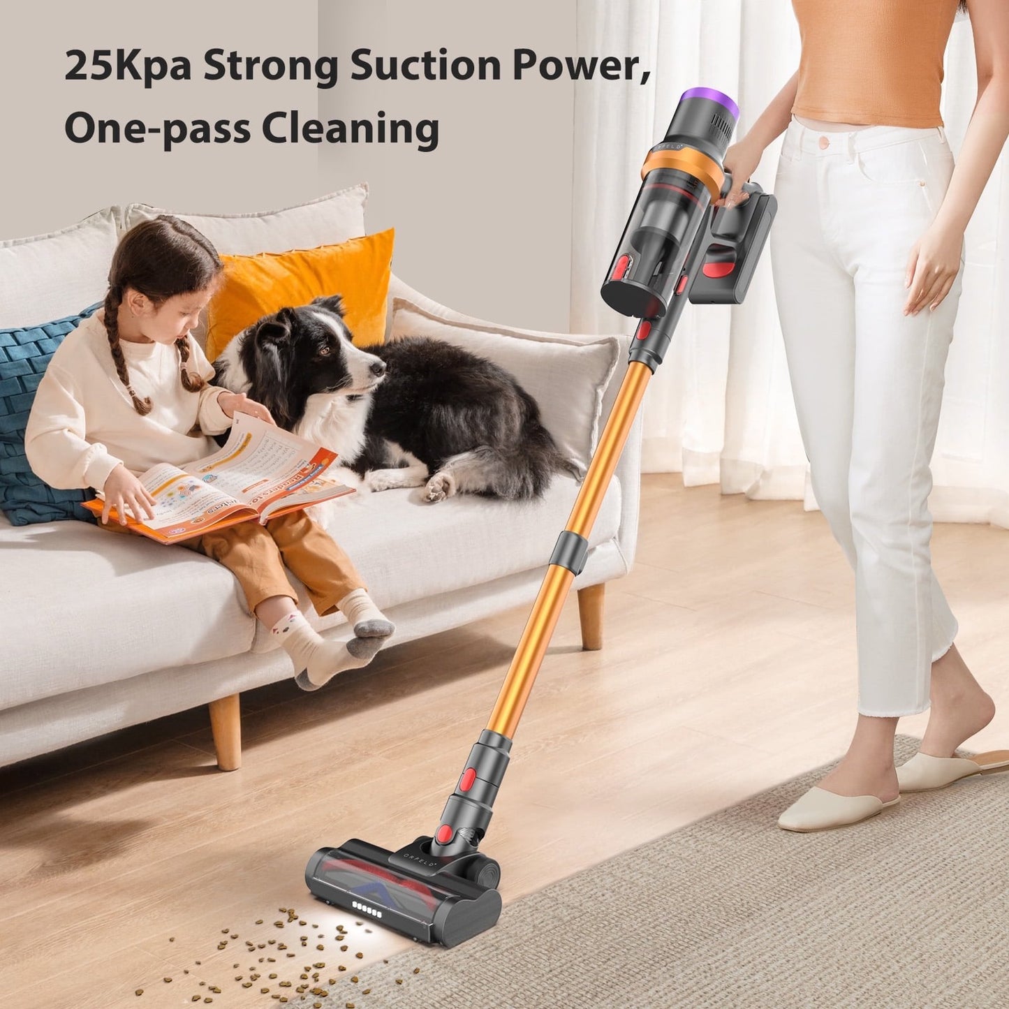 ORFELD Cordless Vacuum Cleaner, 45mins 300W 25kap Rechargeable Stick Vacuum for Carpet Hardwood Floor Pet Hair,Gold,SV30
